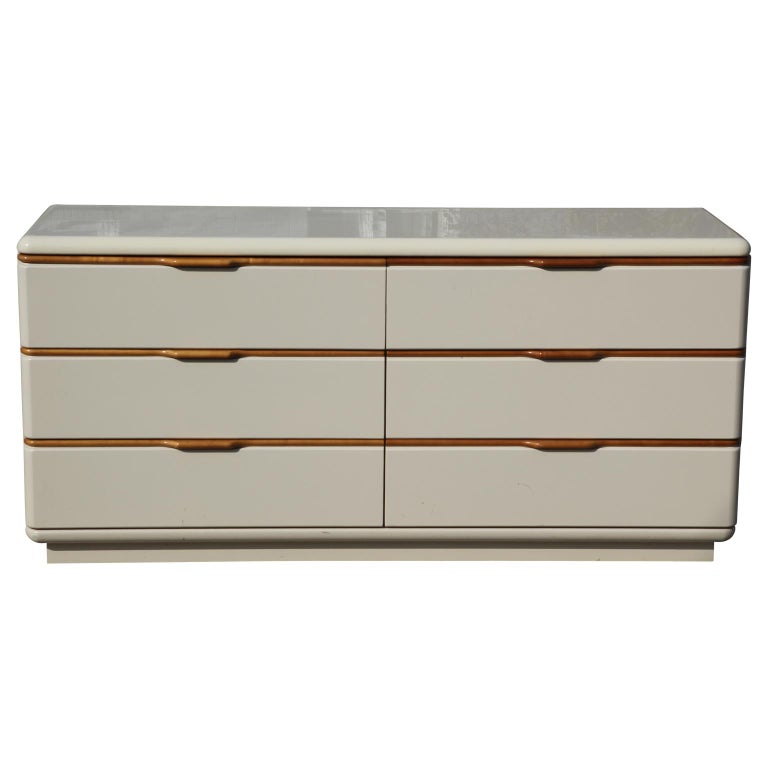 Cream Lacquer And Wood Six Drawer Mid Century Modern Dresser By