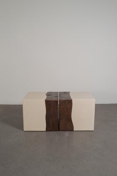 Seduta quadrata laccata crema con design a venature di legno di Robert Kuo, Set di 2