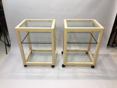 Cream Lacquered Glass Side Tables Wheels 1970s Hollywood Regency Pair bedside