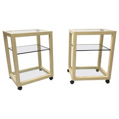 Cream Lacquered Glass Side Tables Wheels 1970s Hollywood Regency Pair bedside