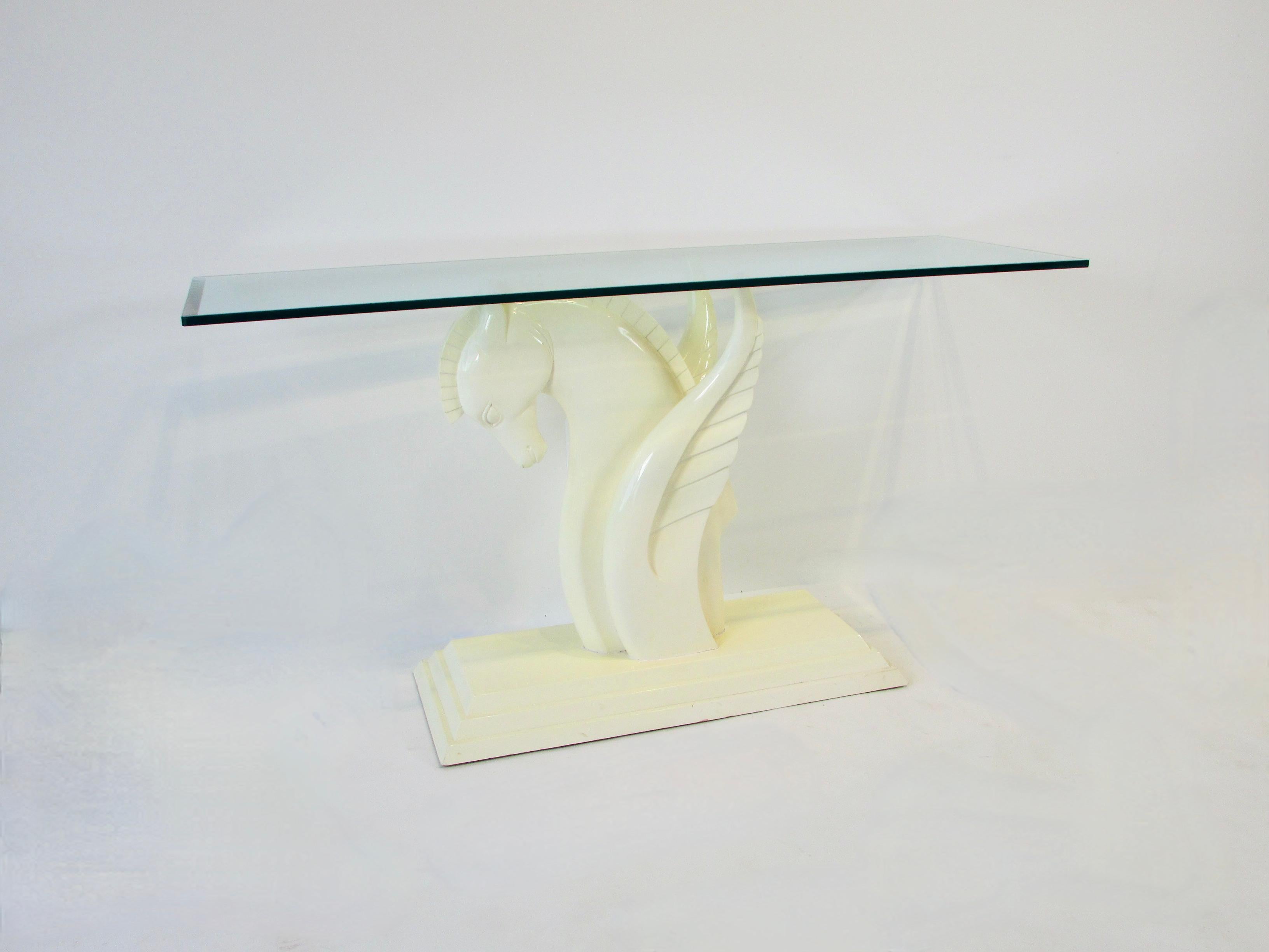 Art Deco Cream Lacquered Karl Springer Style Winged Pegasus Console Table with Glass Top For Sale