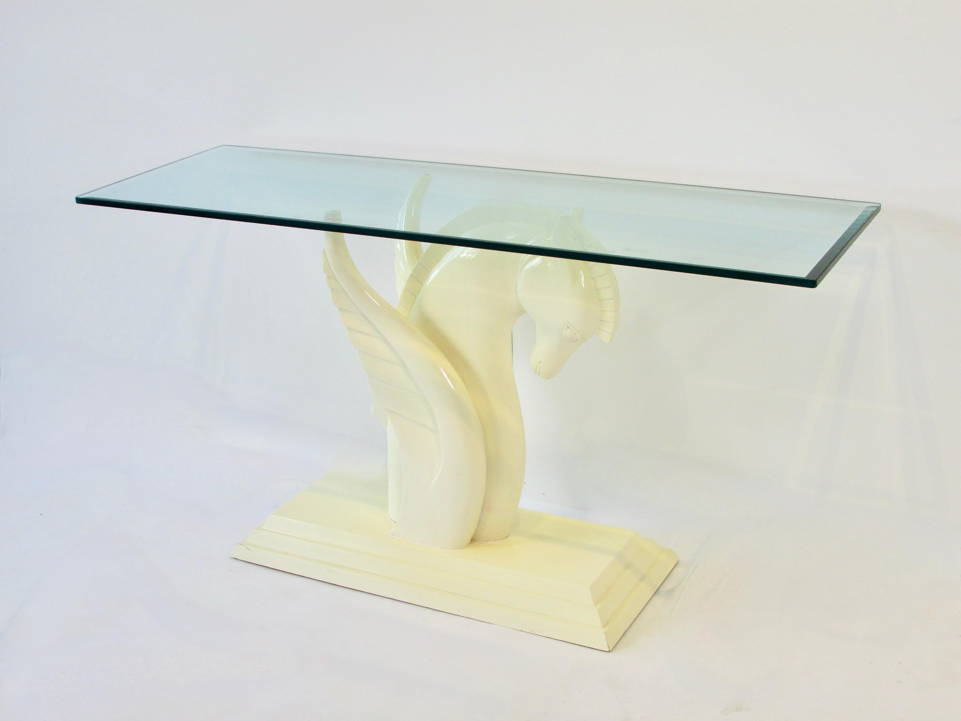 American Cream Lacquered Karl Springer Style Winged Pegasus Console Table with Glass Top For Sale