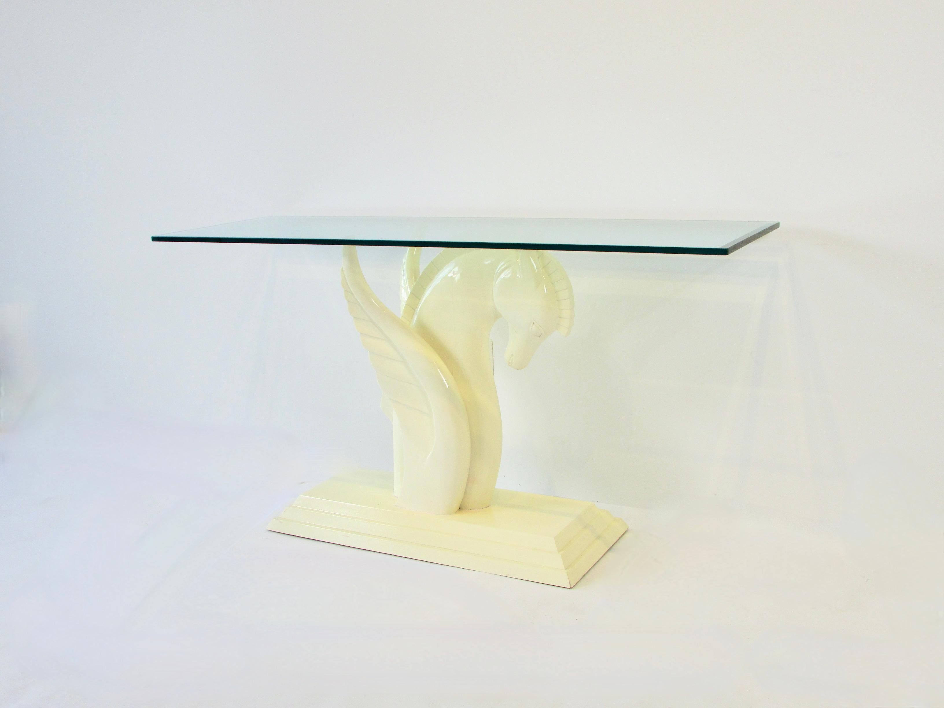 Cream Lacquered Karl Springer Style Winged Pegasus Console Table with Glass Top In Good Condition For Sale In Ferndale, MI