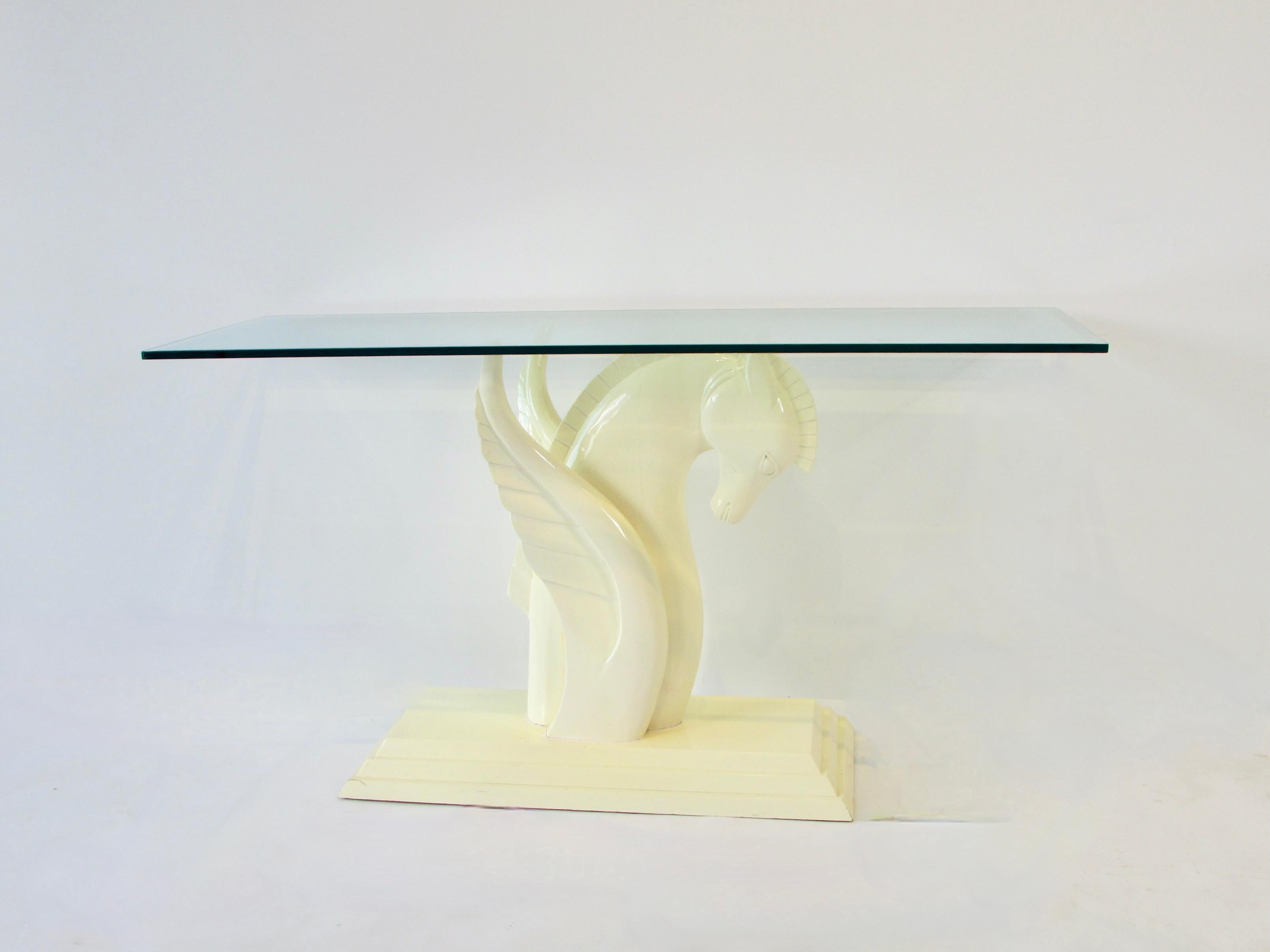 20th Century Cream Lacquered Karl Springer Style Winged Pegasus Console Table with Glass Top