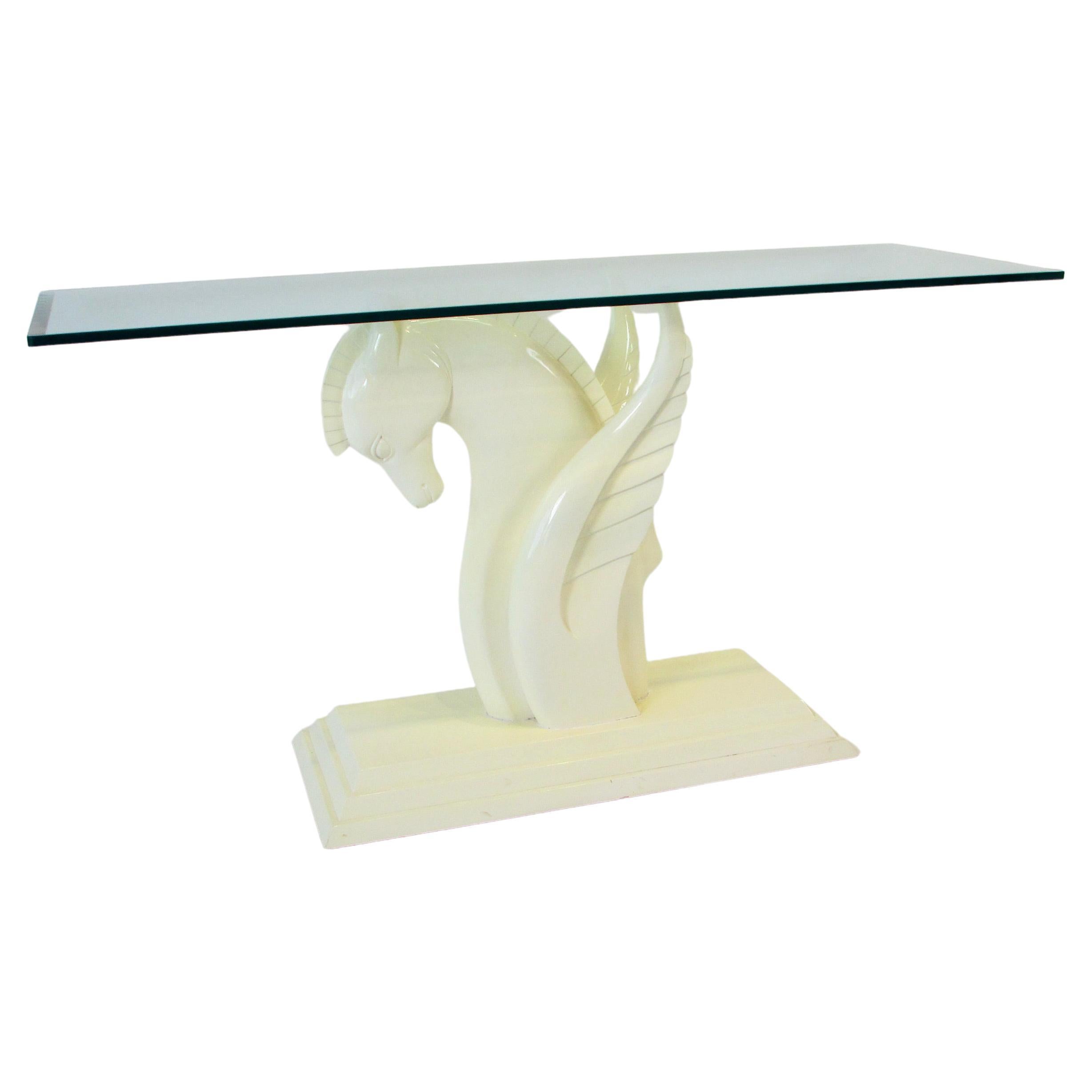 Cream Lacquered Karl Springer Style Winged Pegasus Console Table with Glass Top For Sale