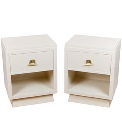 Cream Lacquered Midcentury Nightstands with Drop-Front Storage