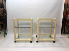 Cream Lacquered Glass Side Tables Wheels 1970s Hollywood Regency Pair bedside
