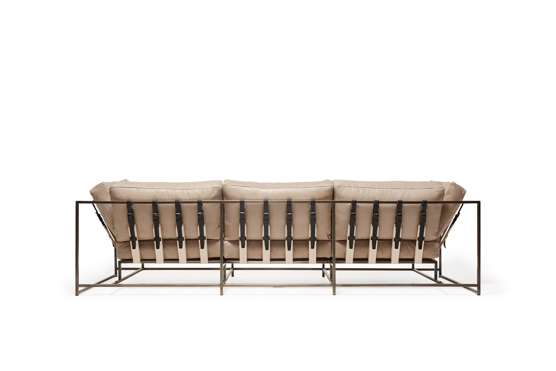 Modern Cream Leather and Antique Nickel Sofa For Sale