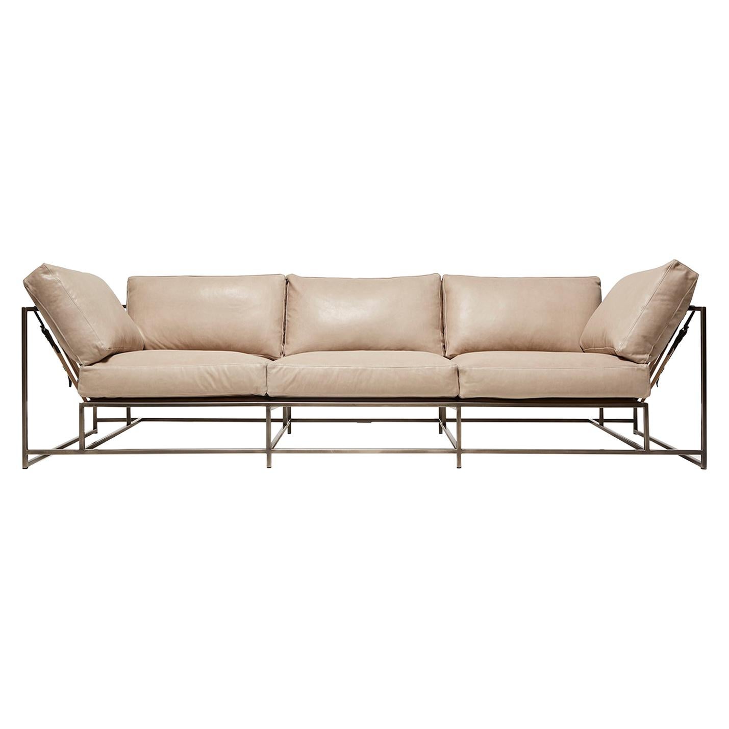 Cream Leather and Antique Nickel Sofa For Sale