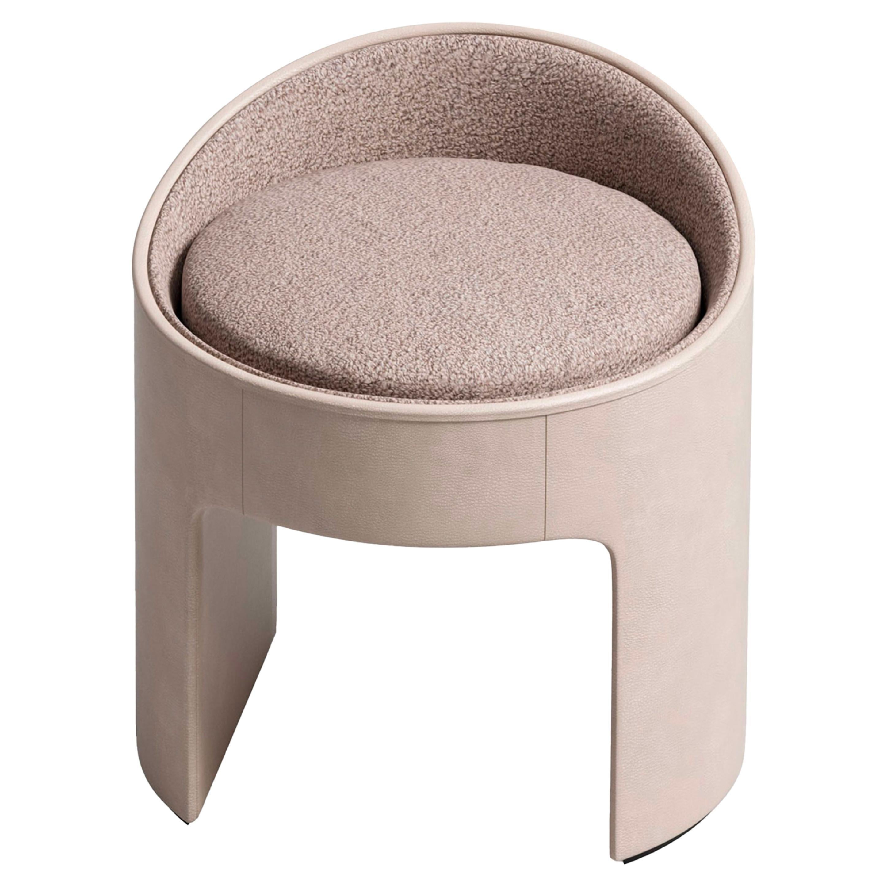 Cream Leather and Fabric Vanity Pouf For Sale