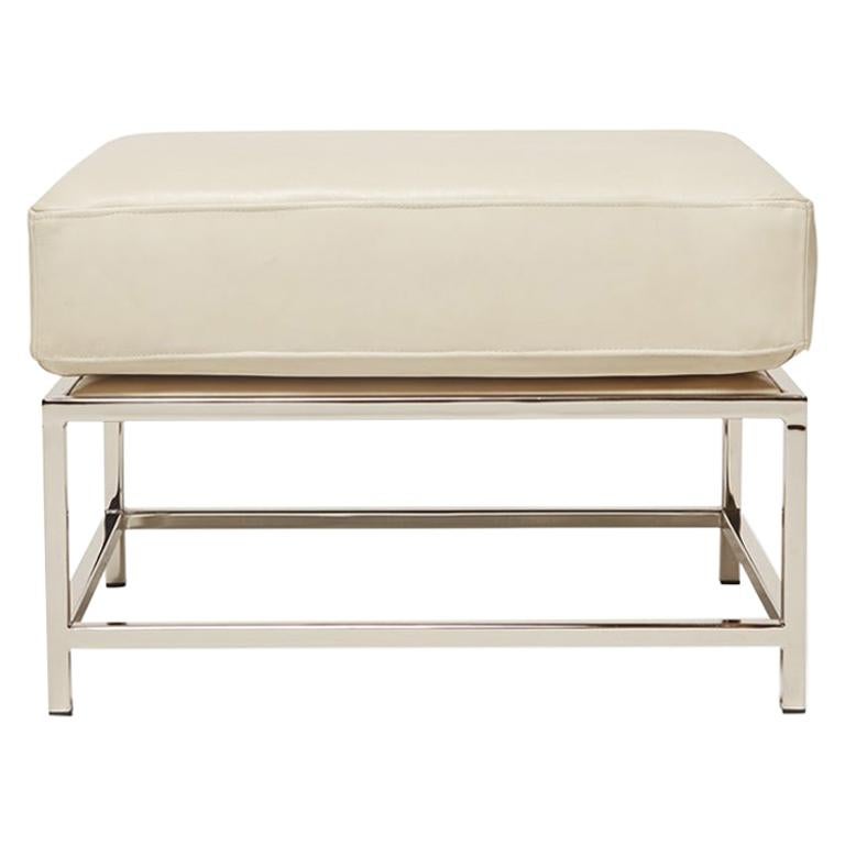 Cream Leather and Polished Nickel Ottoman