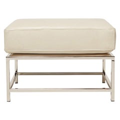 Cream Leather and Polished Nickel Ottoman