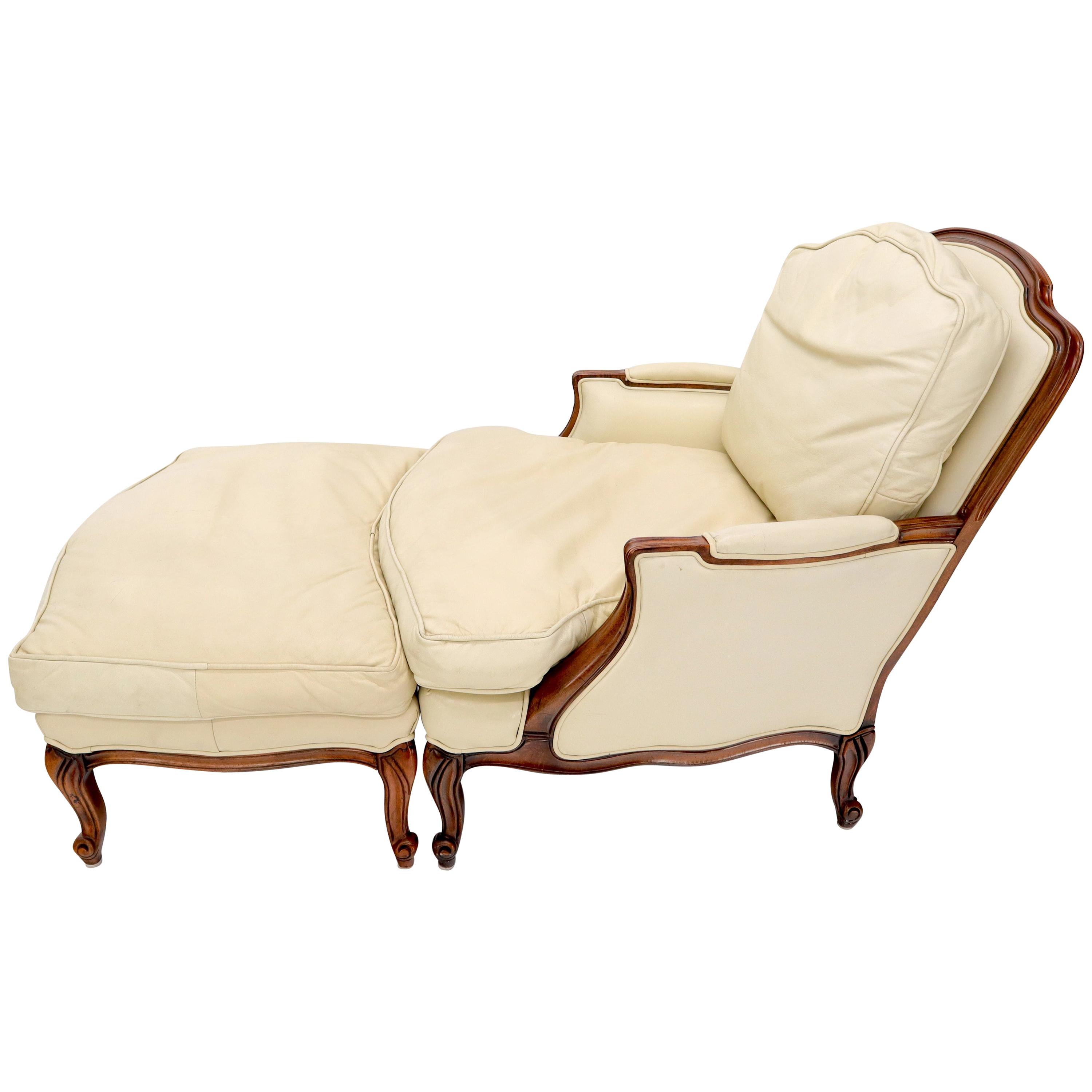 Cream Leather Chaise 2-Part Chaise Lounge Chair and Ottoman