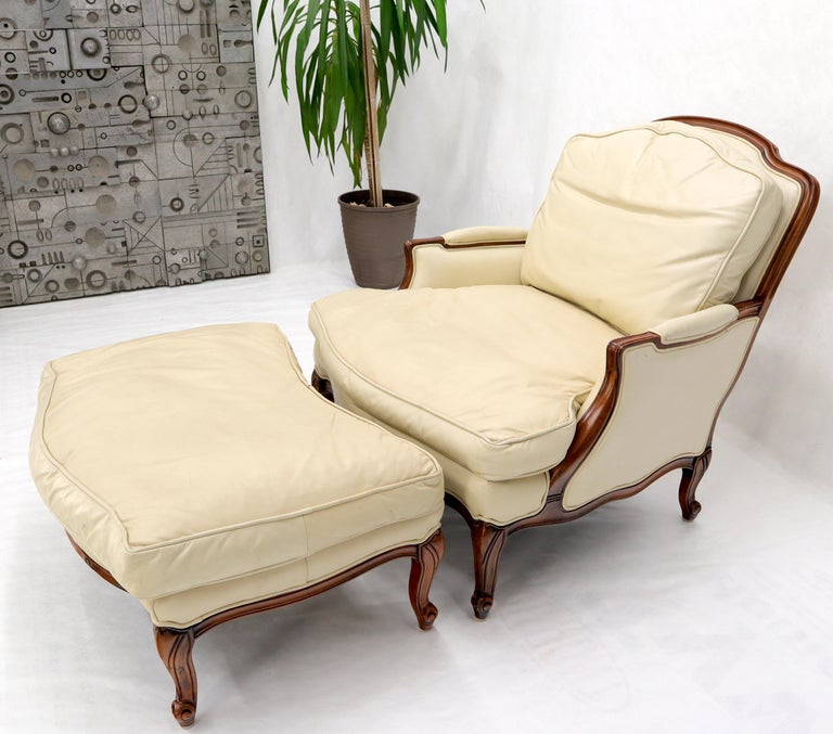 Cream Leather Chaise 2 Part Chaise Lounge Chair and Ottoman at
