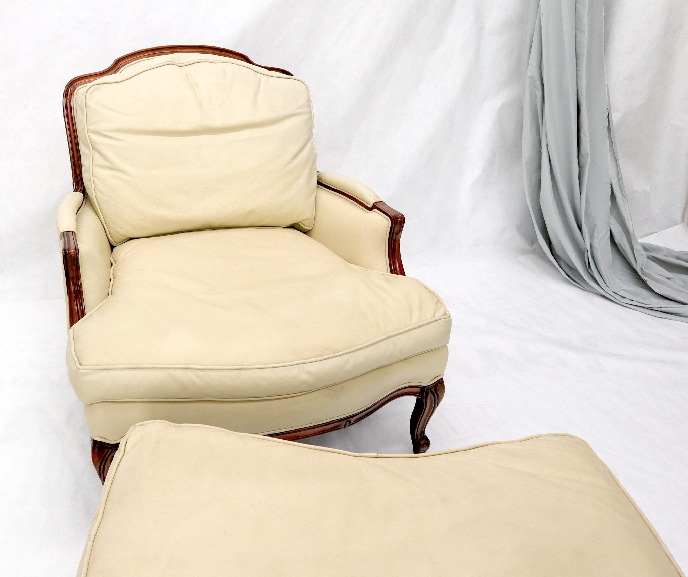 French Provincial Cream Leather Chaise 2-Part Chaise Lounge Chair and Ottoman