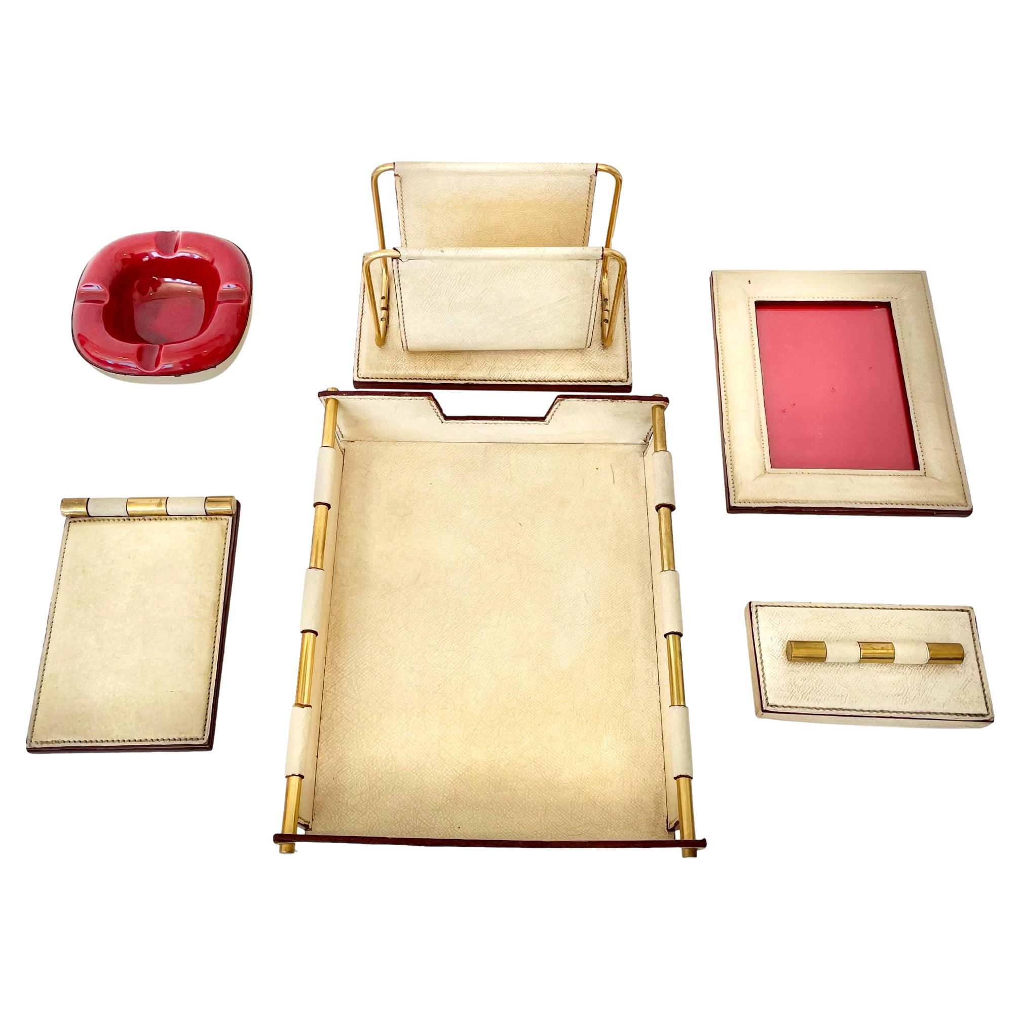 Cream Leather Desk Set by Longchamp For Sale