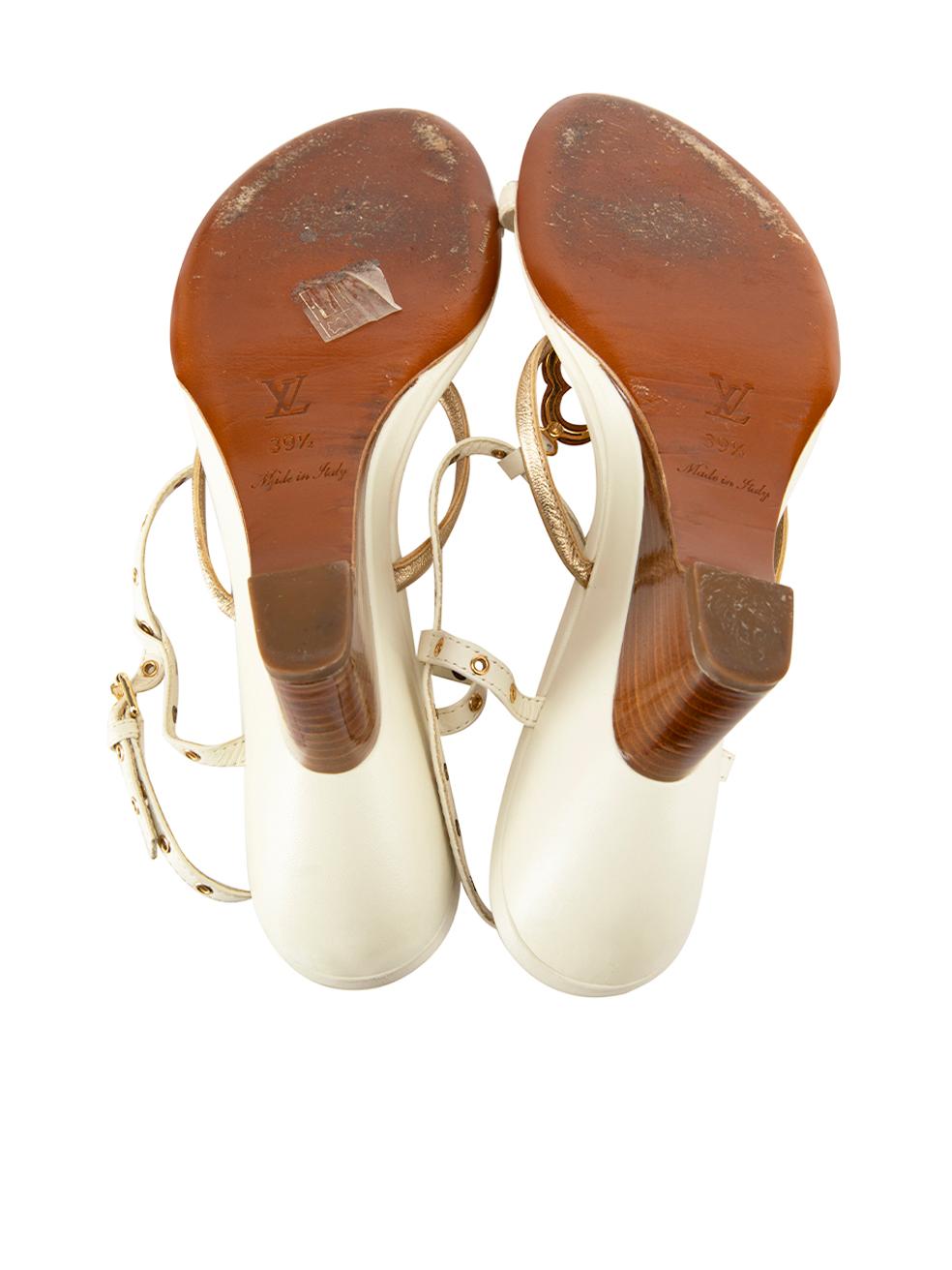 Women's Cream Leather Monogram Angled Wedge Sandals Size IT 39.5 For Sale