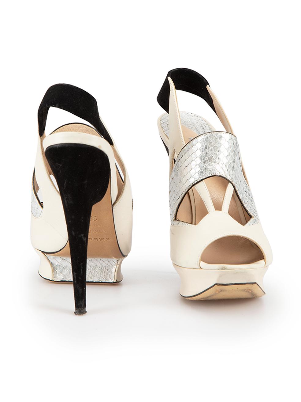 Cream Leather & Python Panel Platform Sandals Size IT 38.5 In Good Condition For Sale In London, GB