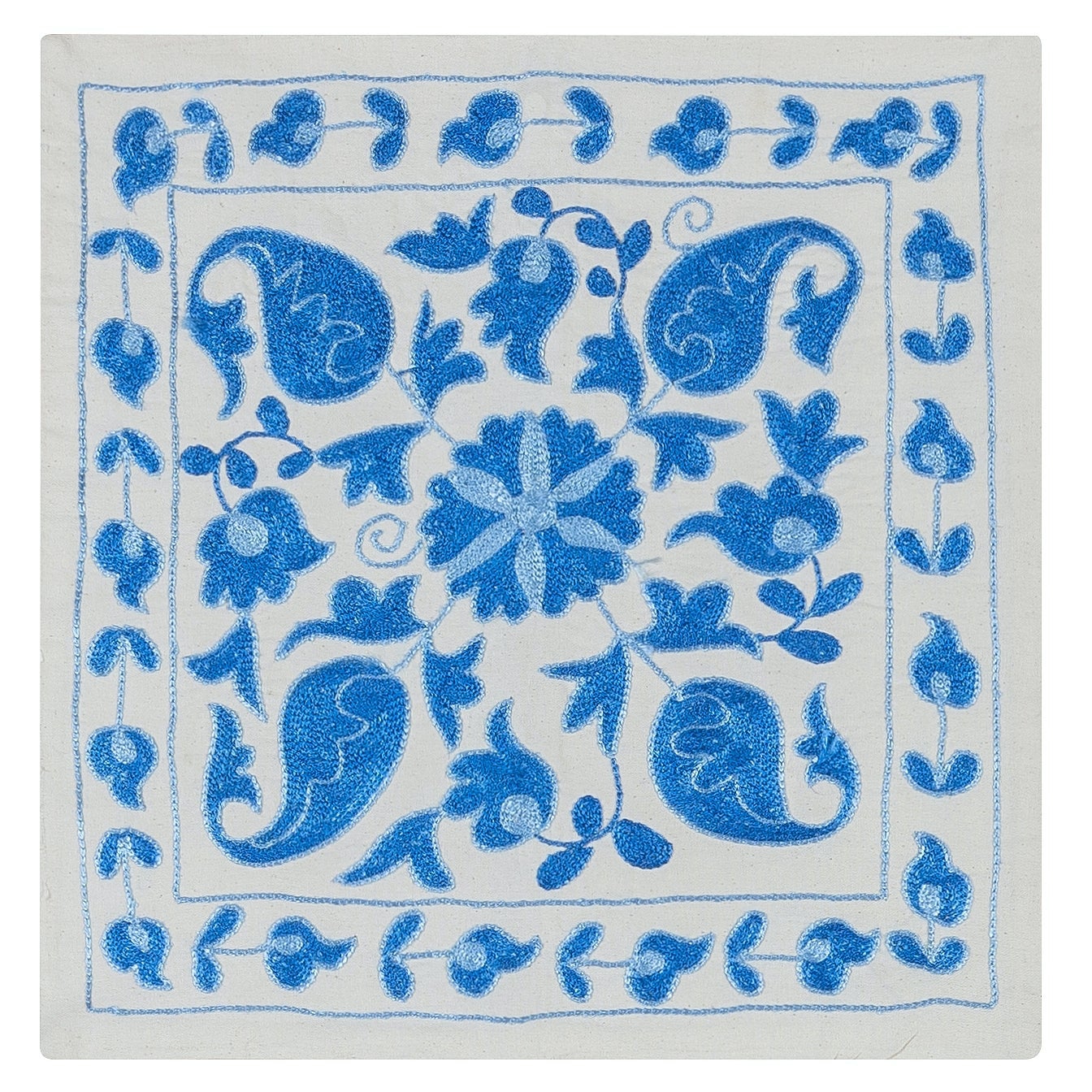 Crema Y Azul Claro Funda De Cojín Bordada De Seda Textil Suzani Hecha A Mano en venta