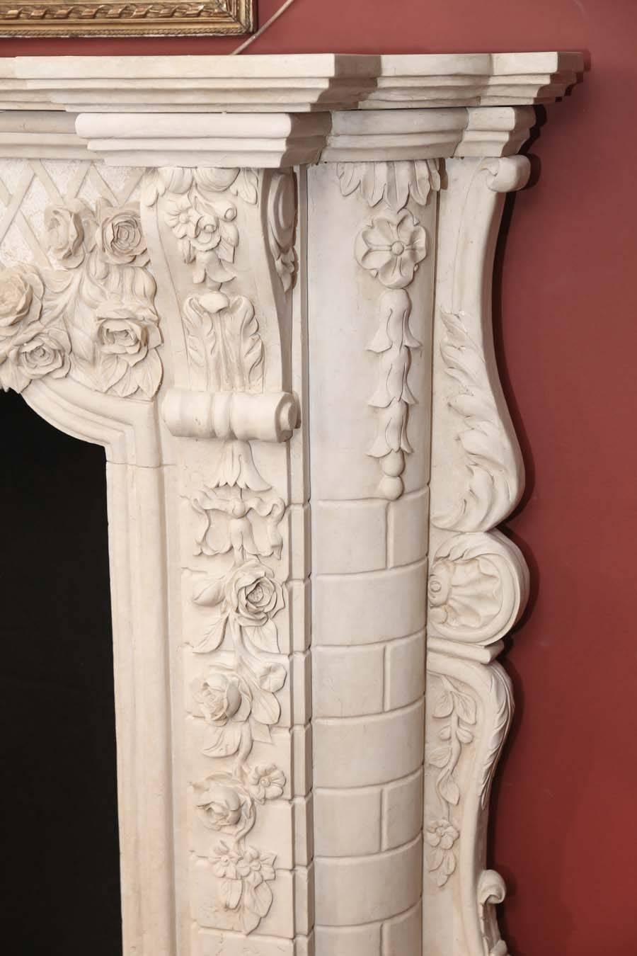 Chinese Cream Marble Mantel with Extensive Hand Carving, Foliate Design