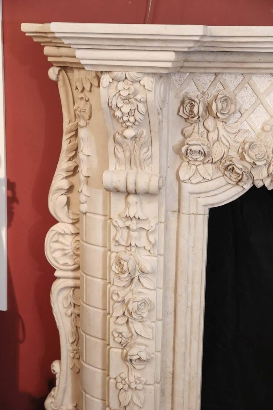 Carved Cream Marble Mantel with Extensive Hand Carving, Foliate Design