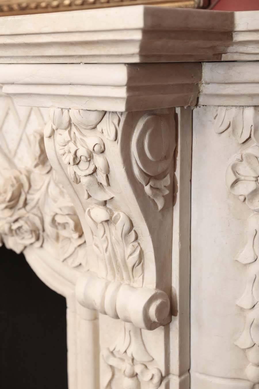Cream Marble Mantel with Extensive Hand Carving, Foliate Design In Excellent Condition In Houston, TX