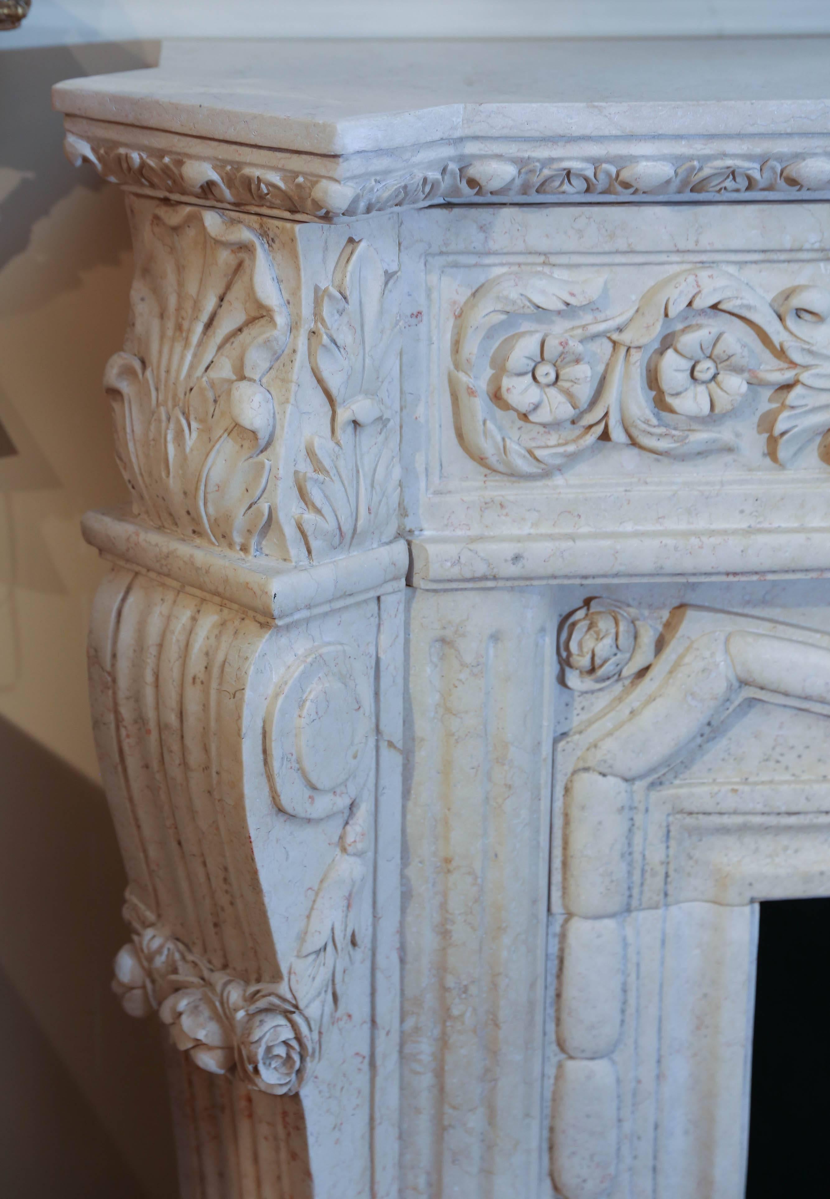 Chinese Cream Marble Mantel with Hand Carving