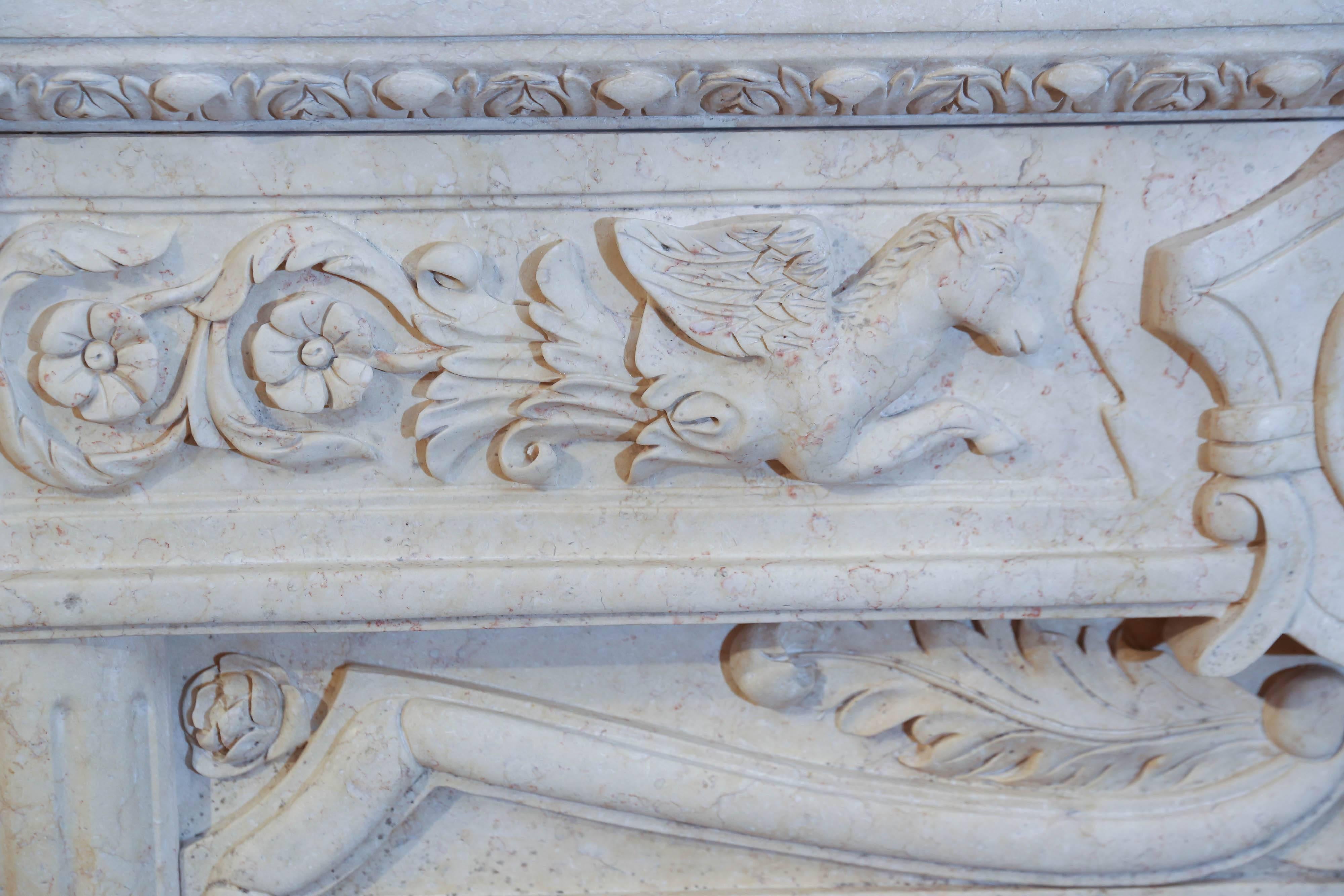 Hand-Carved Cream Marble Mantel with Hand Carving