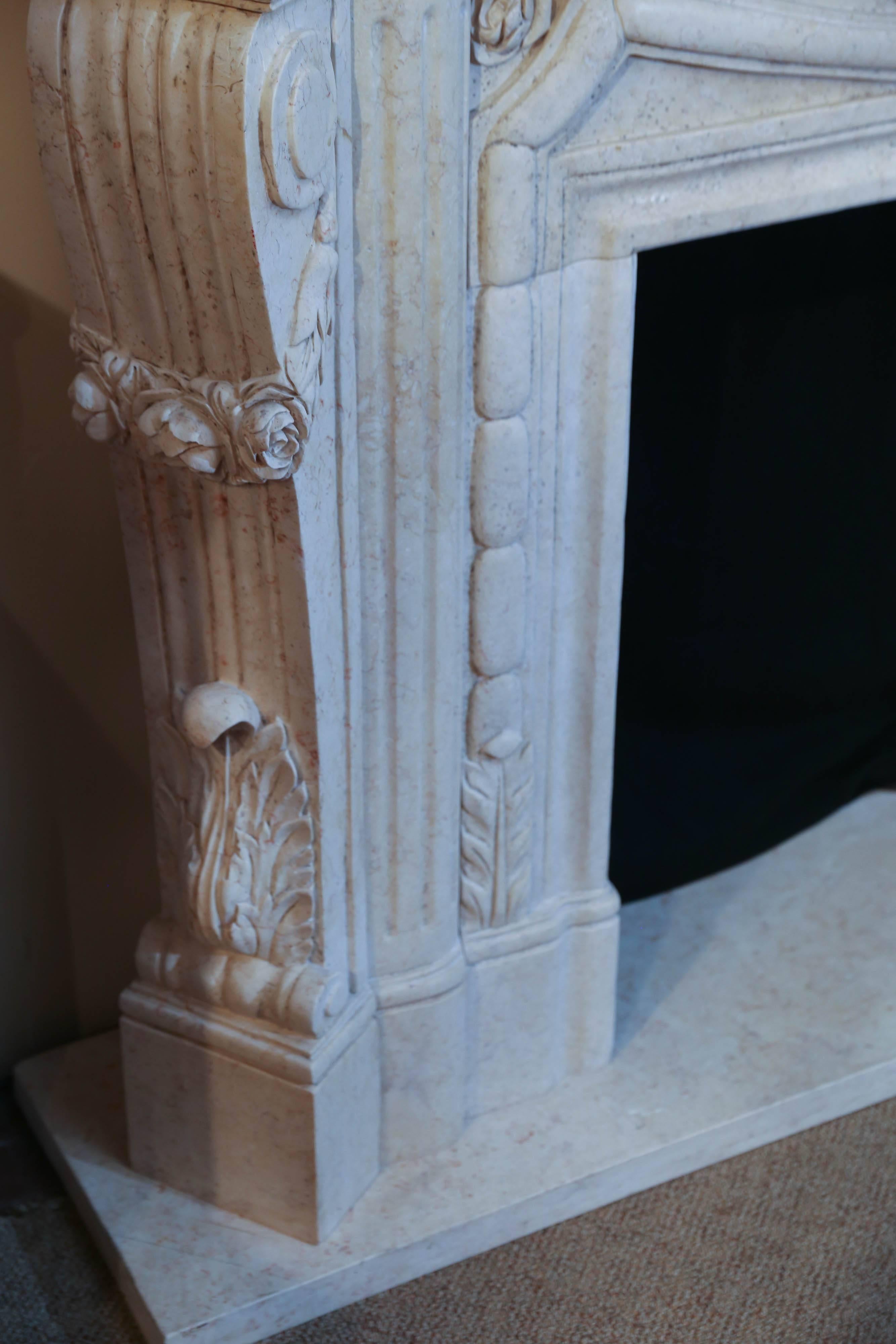 Cream Marble Mantel with Hand Carving In Excellent Condition In Houston, TX