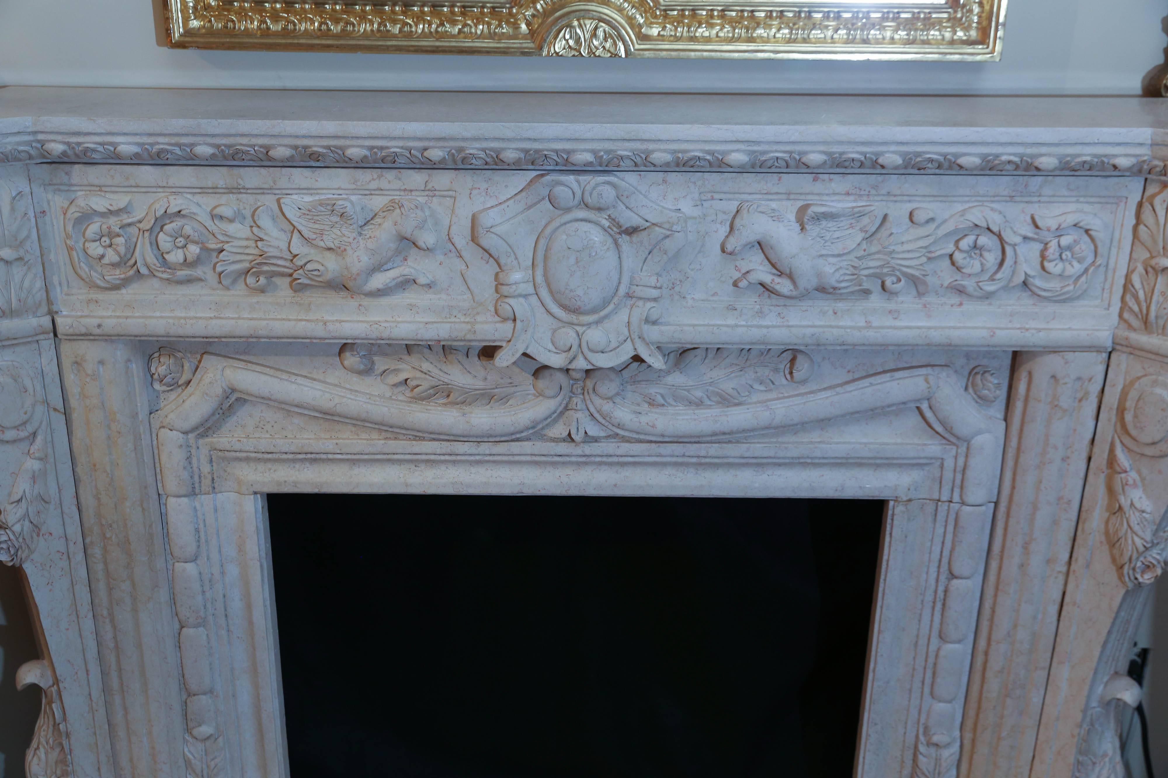 Contemporary Cream Marble Mantel with Hand Carving