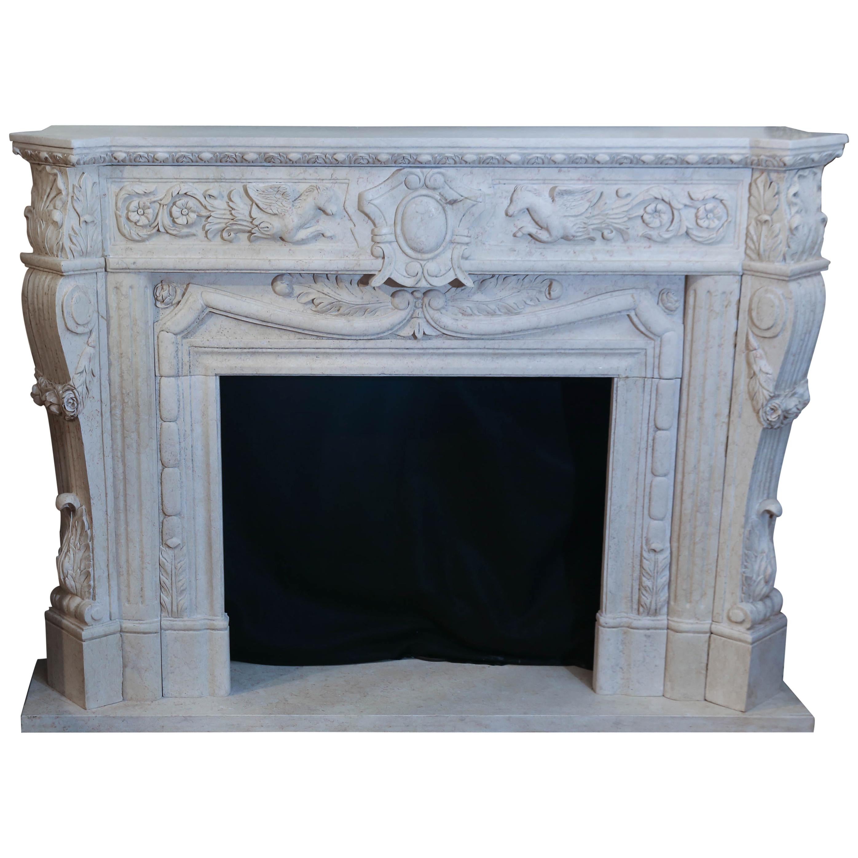 Cream Marble Mantel with Hand Carving