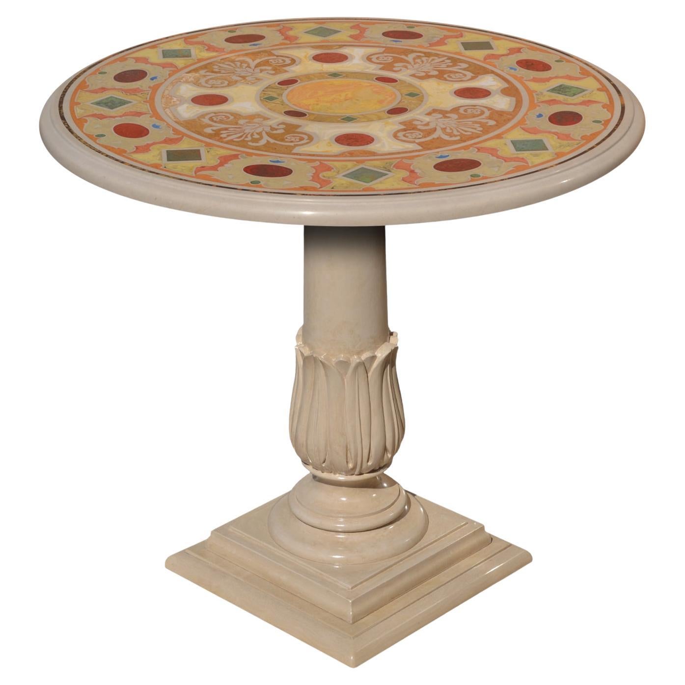 Cream Marble Round Table Italian Craftmanship Scagliola Art Top Carved Wood Leg