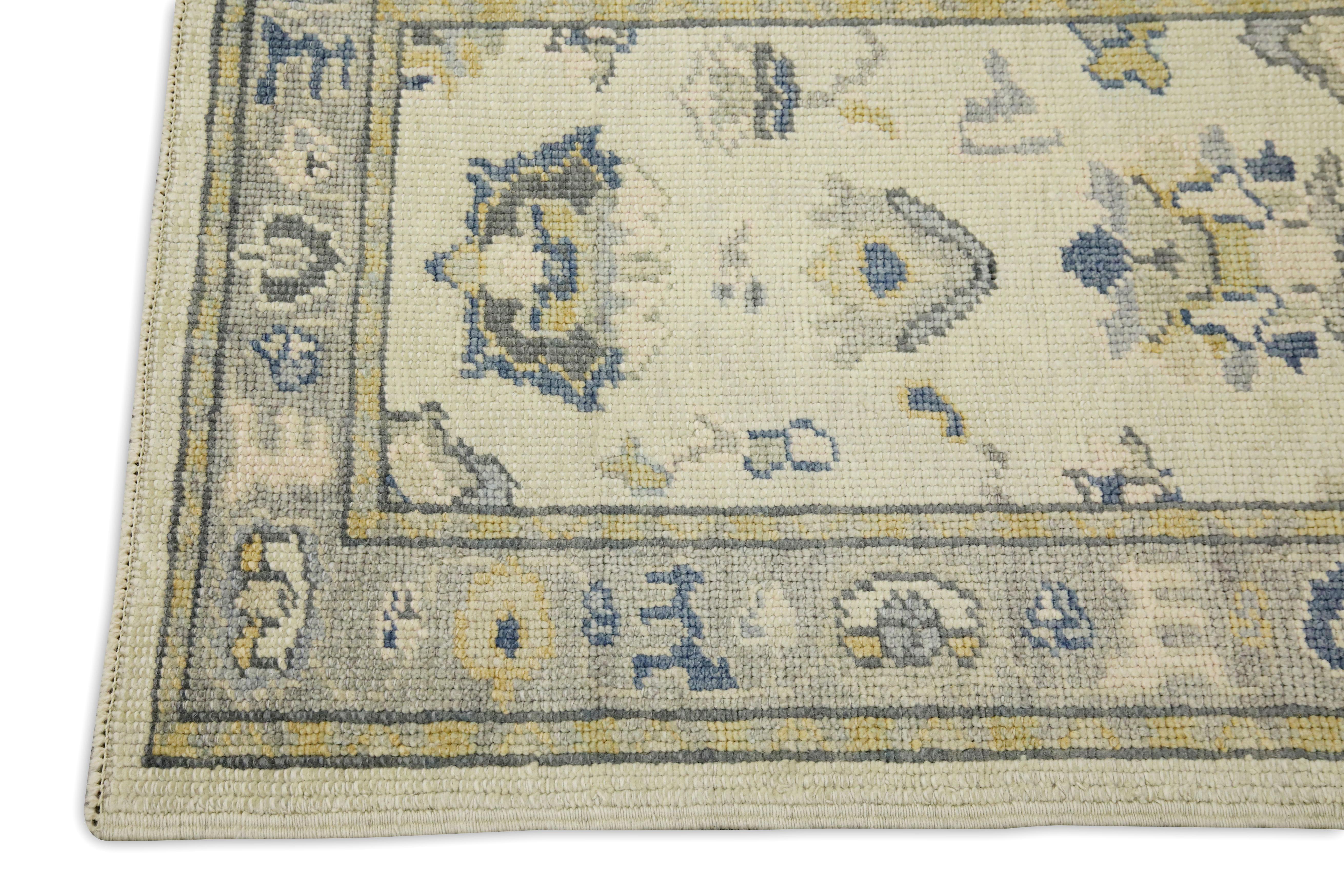 Hand-Woven Cream Multicolor Floral Design Handwoven Wool Turkish Oushak Rug For Sale
