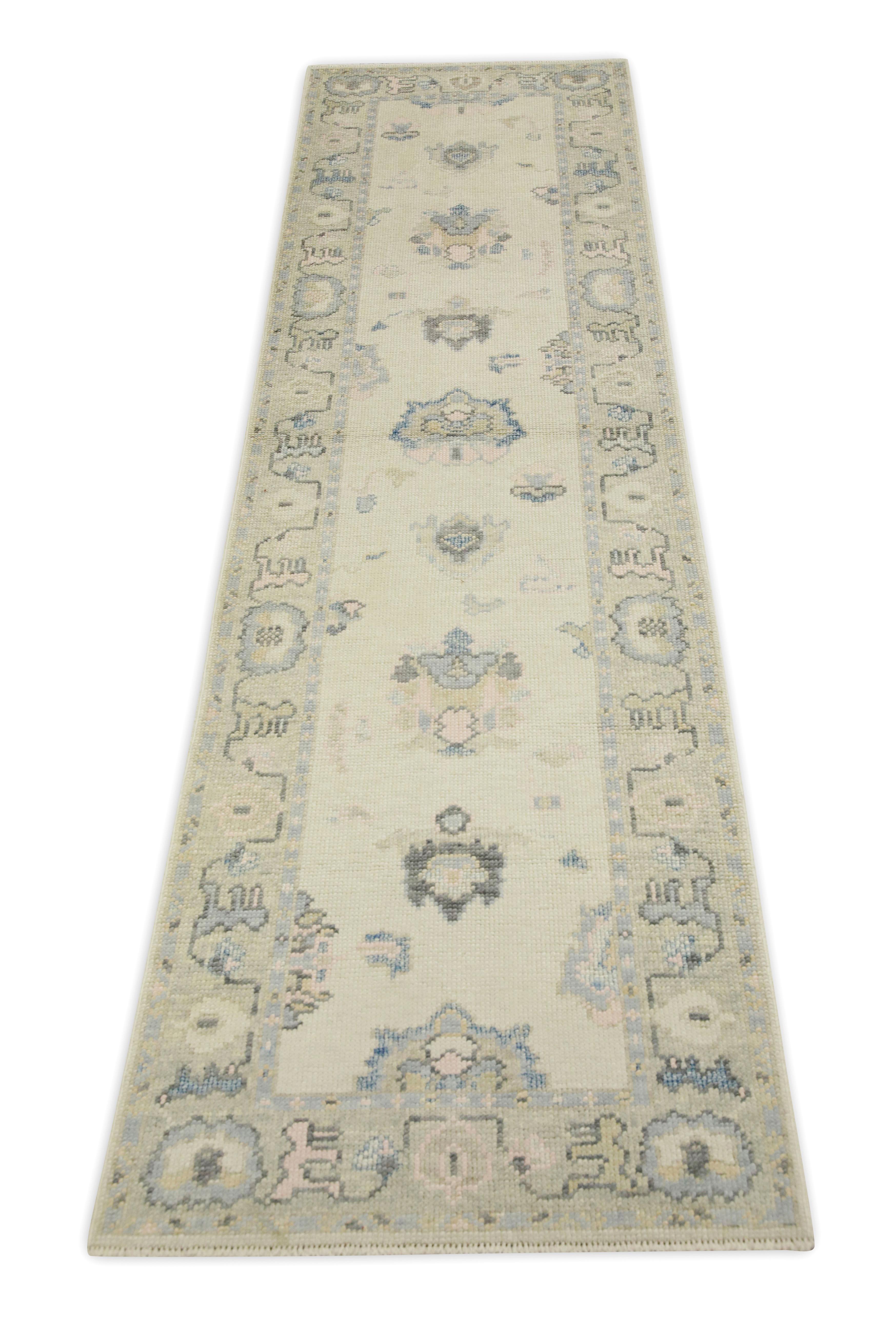 Contemporary Cream Multicolor Floral Design Handwoven Wool Turkish Oushak Runner For Sale
