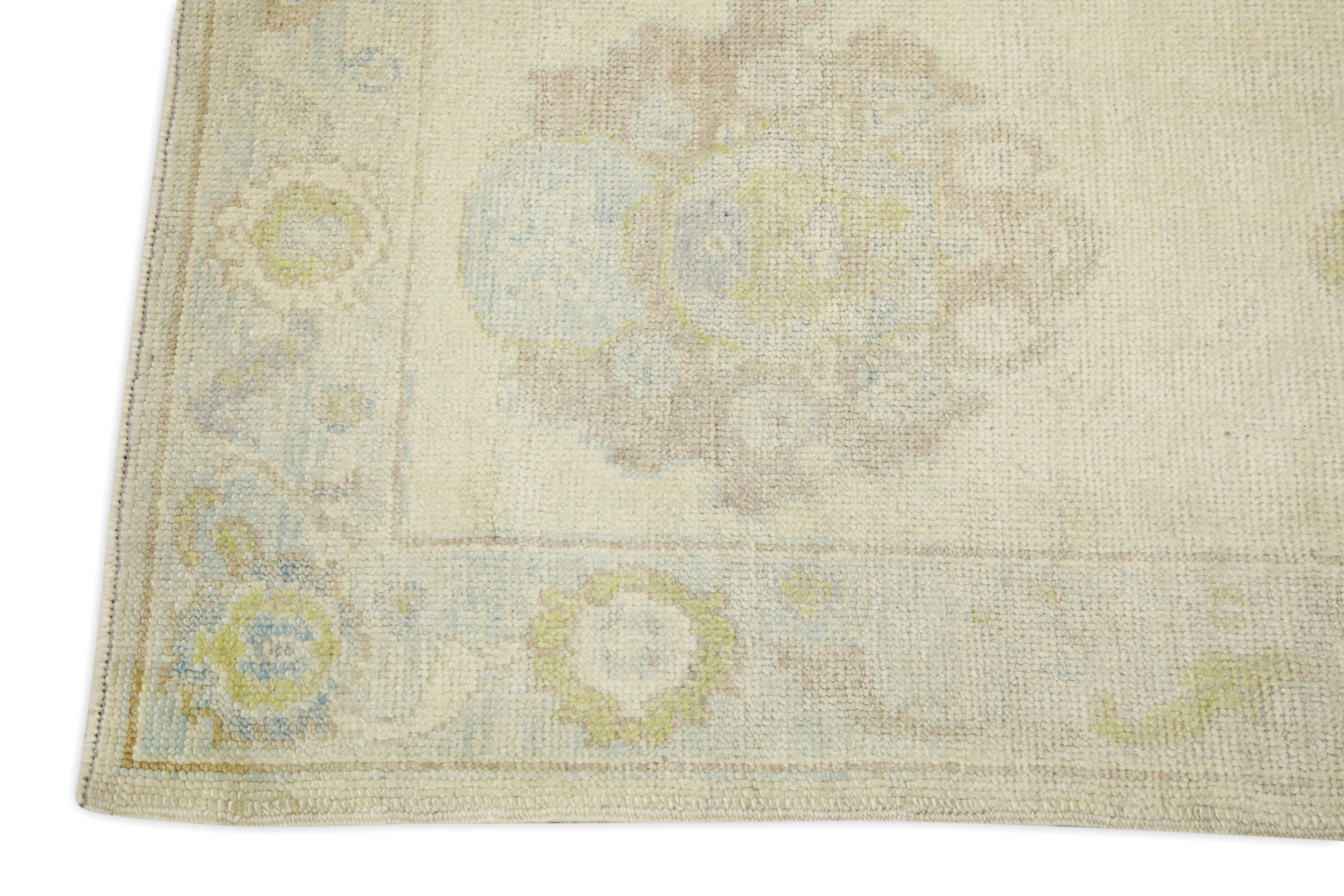 Vegetable Dyed Cream Multicolor Floral Design Handwoven Wool Turkish Oushak Runner For Sale