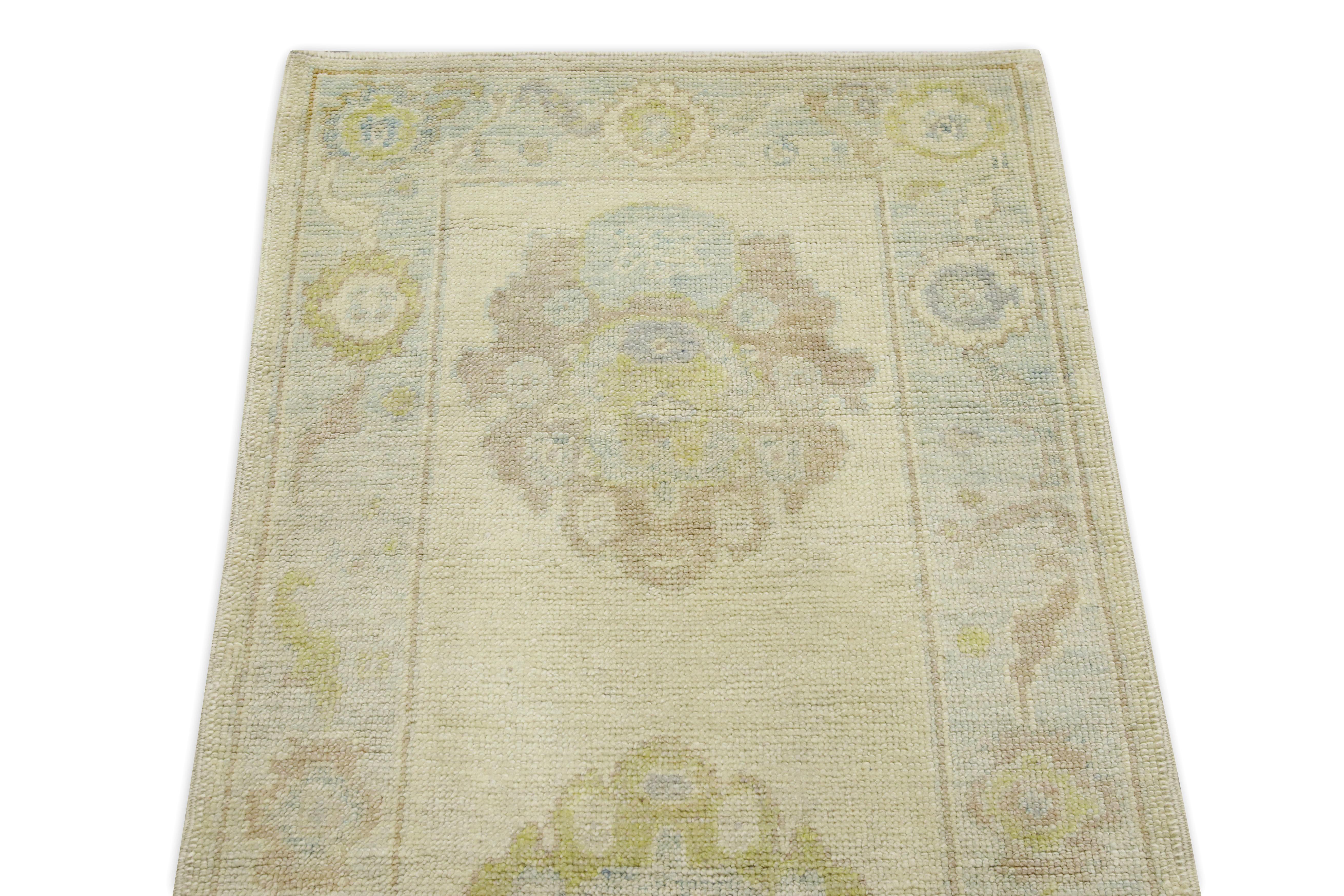 Cream Multicolor Floral Design Handwoven Wool Turkish Oushak Runner In New Condition For Sale In Houston, TX