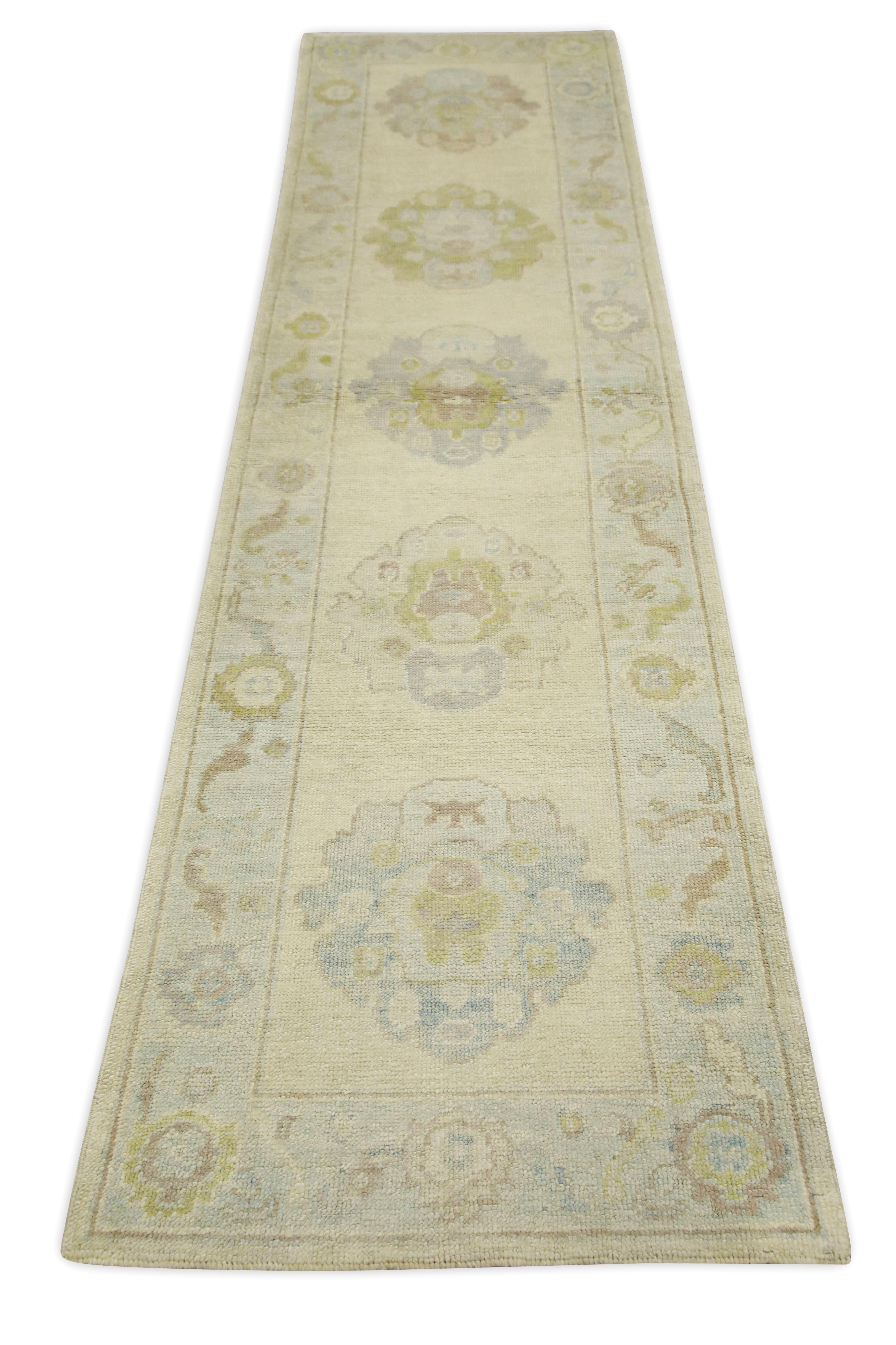 Contemporary Cream Multicolor Floral Design Handwoven Wool Turkish Oushak Runner For Sale