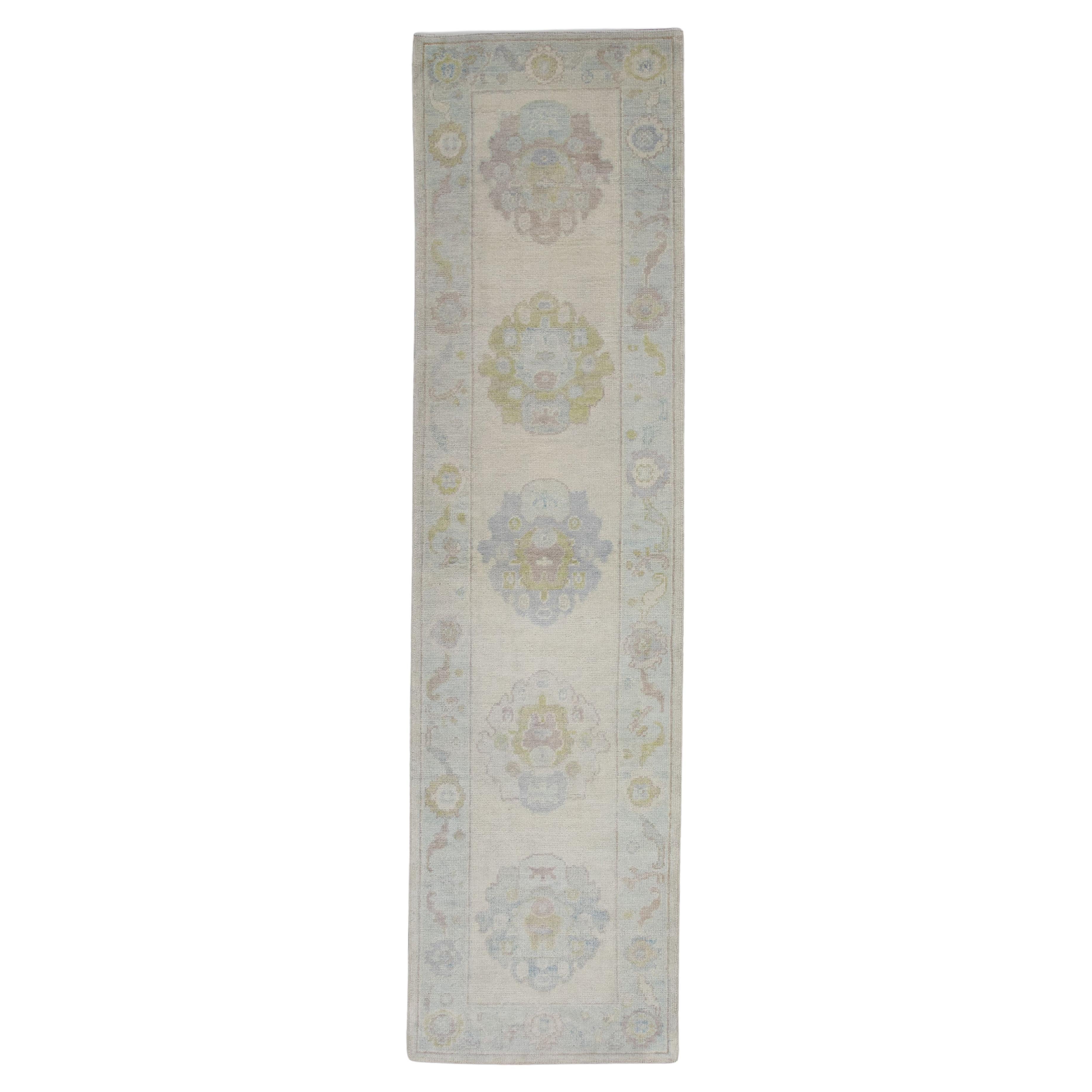 Cream Multicolor Floral Design Handwoven Wool Turkish Oushak Runner