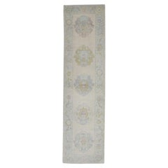 Cream Multicolor Floral Design Handwoven Wool Turkish Oushak Runner