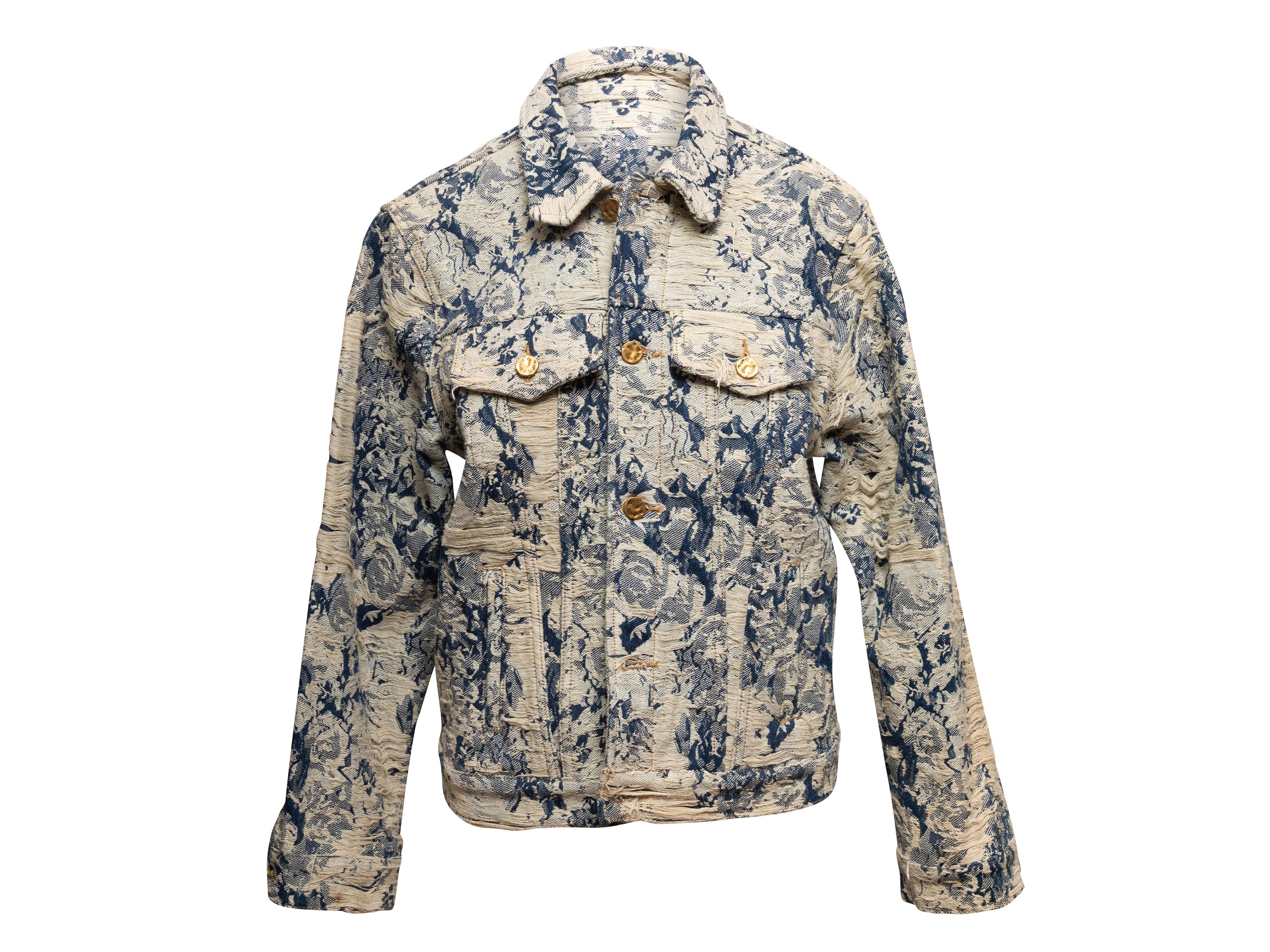 Veste en tapisserie florale crème et marine vieillie Louis Vuitton. Col pointu. Quatre poches. Boutons dorés sur le devant. Poitrine de 43