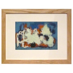 Pittura acrilica astratta di metà secolo con colori crema, arancione e blu, Germania, anni '50