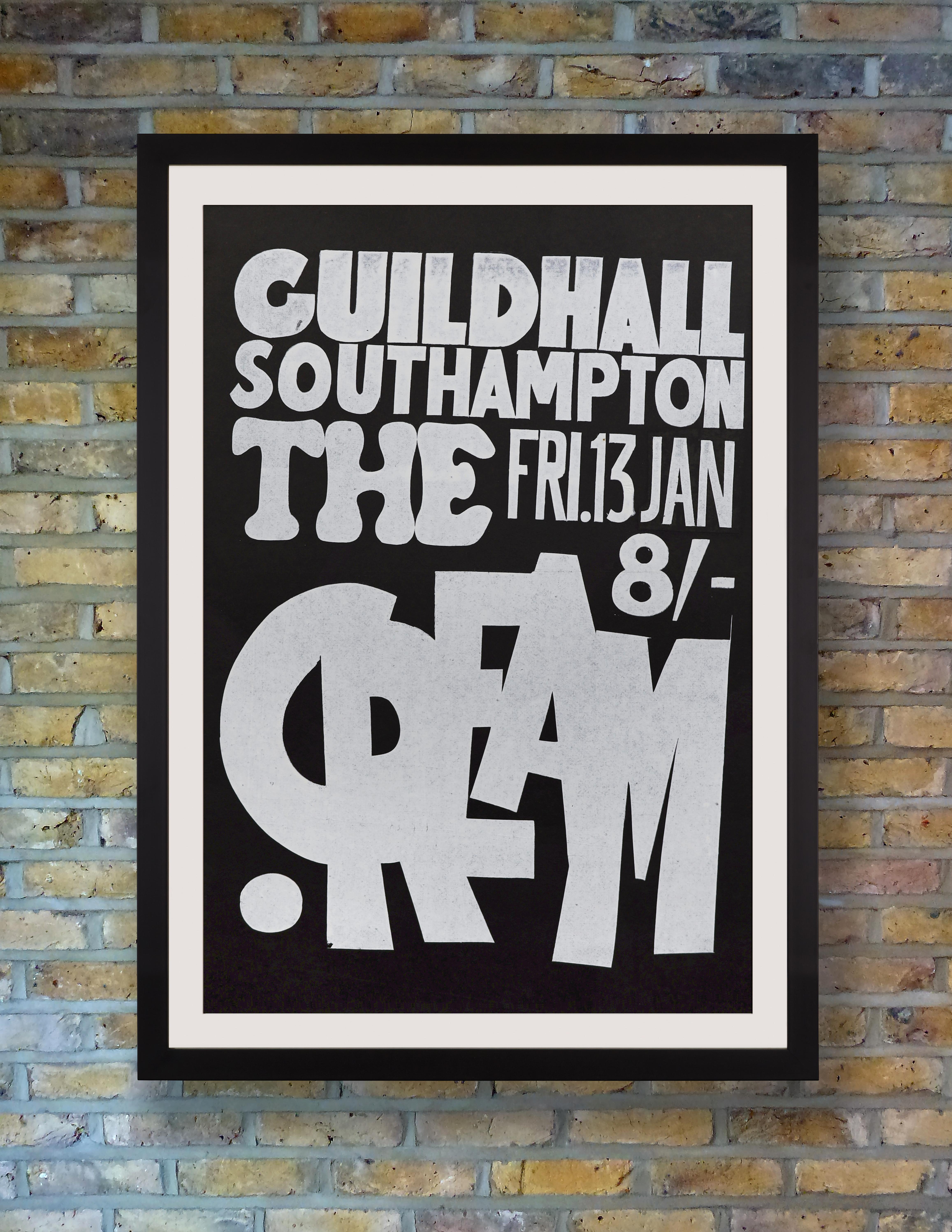 Ein unglaublich seltenes Plakat für einen frühen Auftritt des britischen Rock-Supertrios Cream in der Guildhall in Southampton, England, am Freitag, den 13. Januar 1967, zur Unterstützung ihres kürzlich veröffentlichten Debütalbums 