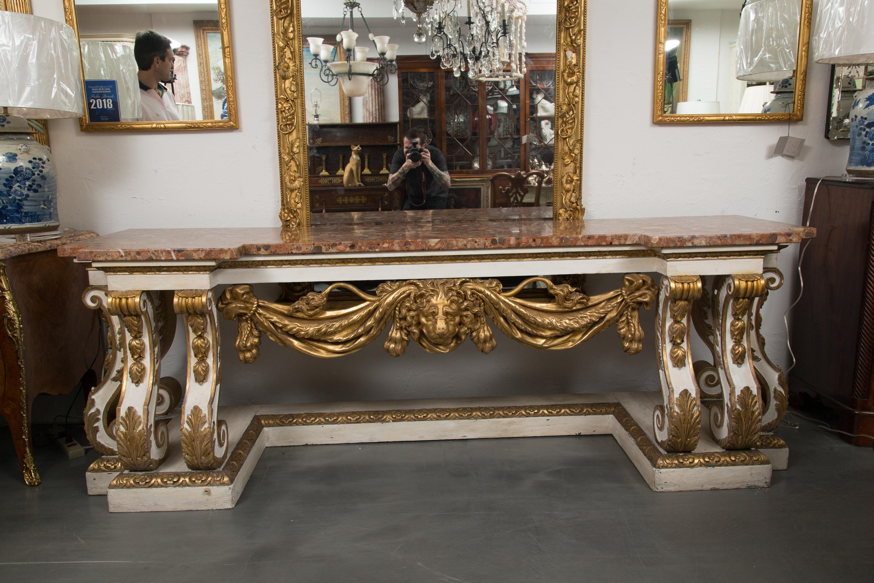 Cream-Painted and Parcel Gilt Italian Console with Marble Top 7