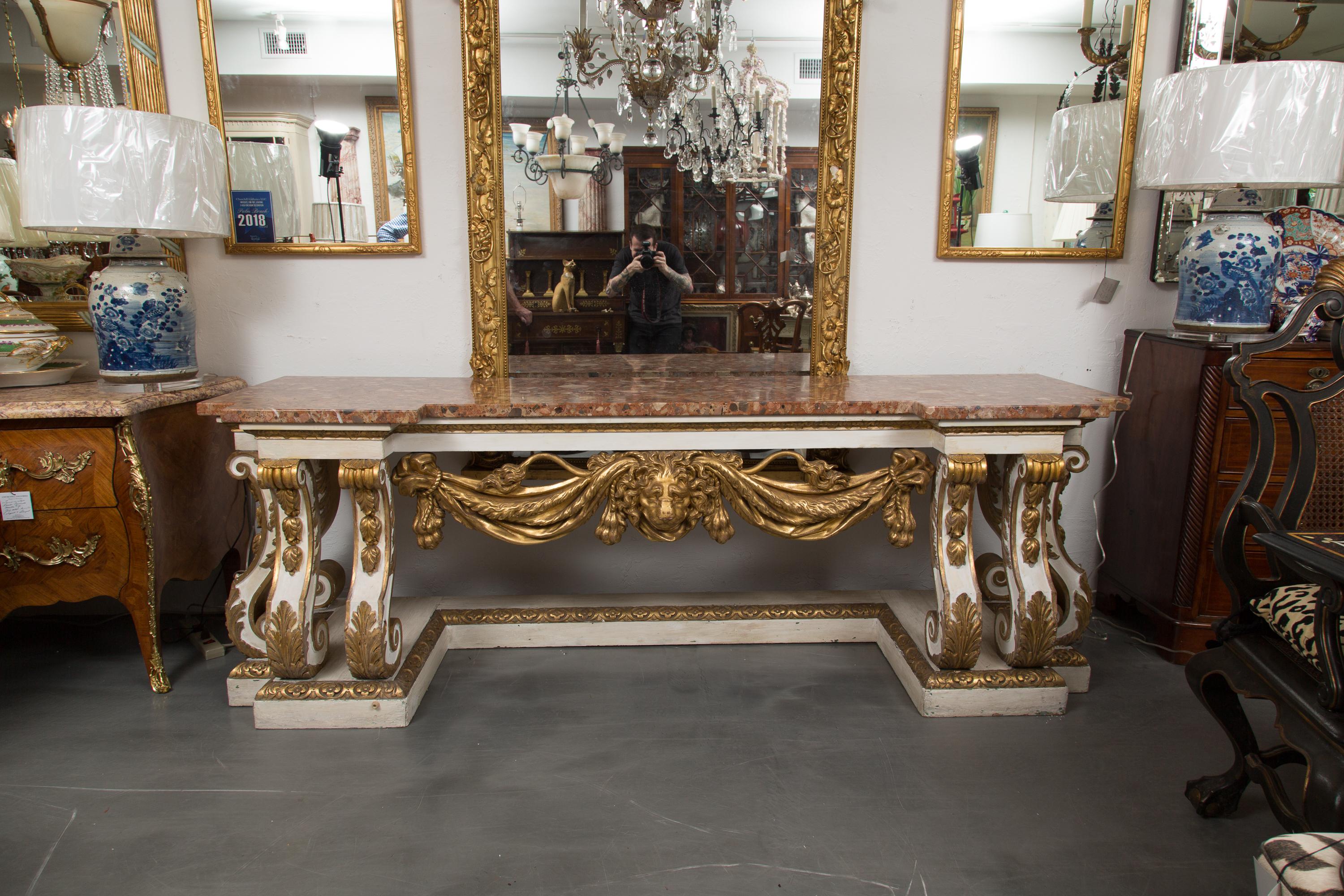 Cream-Painted and Parcel Gilt Italian Console with Marble Top 8