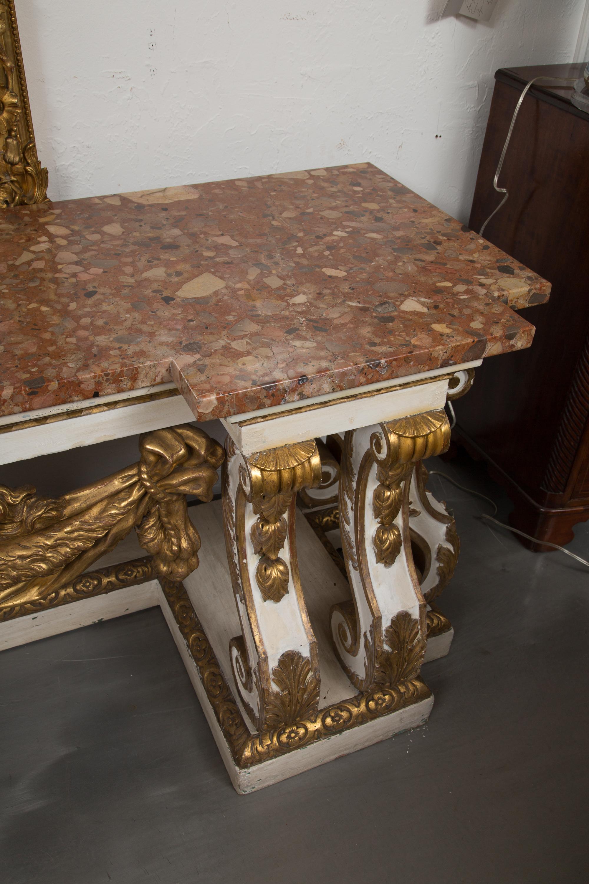 Cream-Painted and Parcel Gilt Italian Console with Marble Top In Good Condition In WEST PALM BEACH, FL