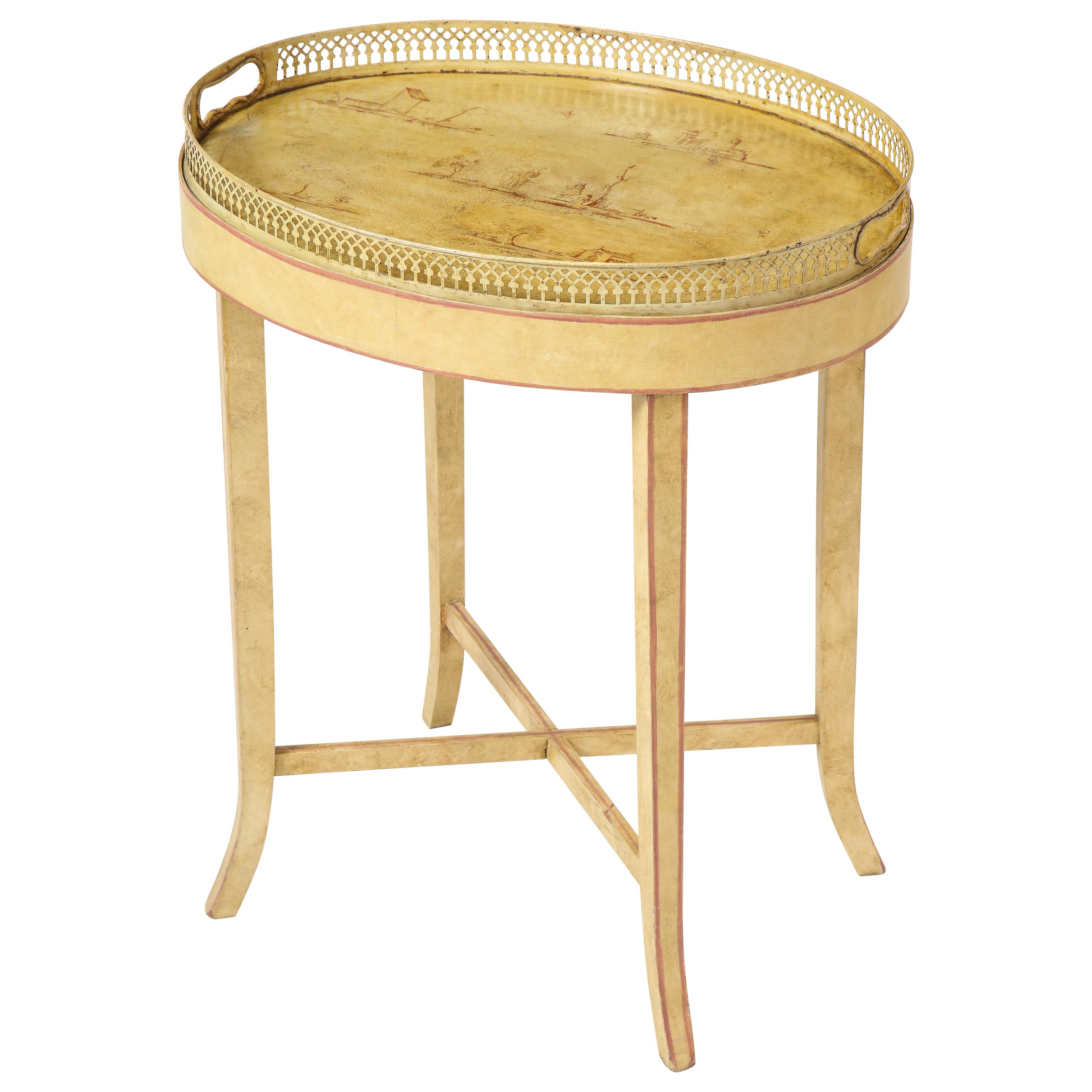 Cream-Painted Oval Tray Table with Chinoiserie Decoration