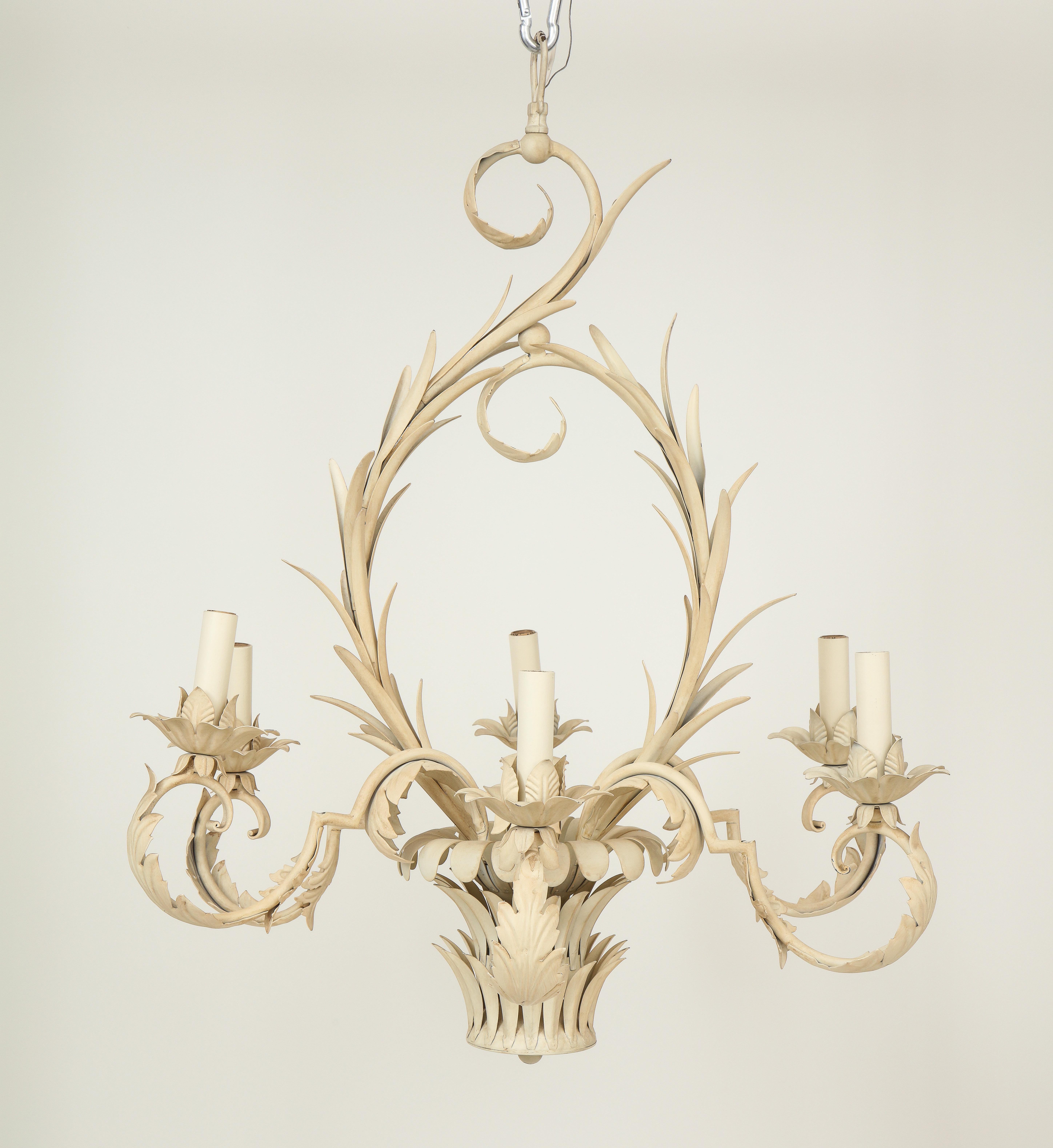 A charming rustic design in the style of Louis XV. In the form of a basket issuing foliate scrolling candlearms suspended from an oval foliate wreath. Comes with small cream-painted canopy.