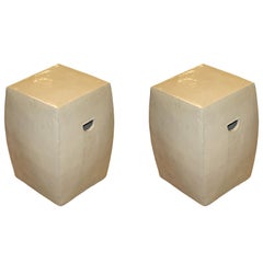 Cream Pair of Porcelain Glazed Square Stools, China, Contemporary