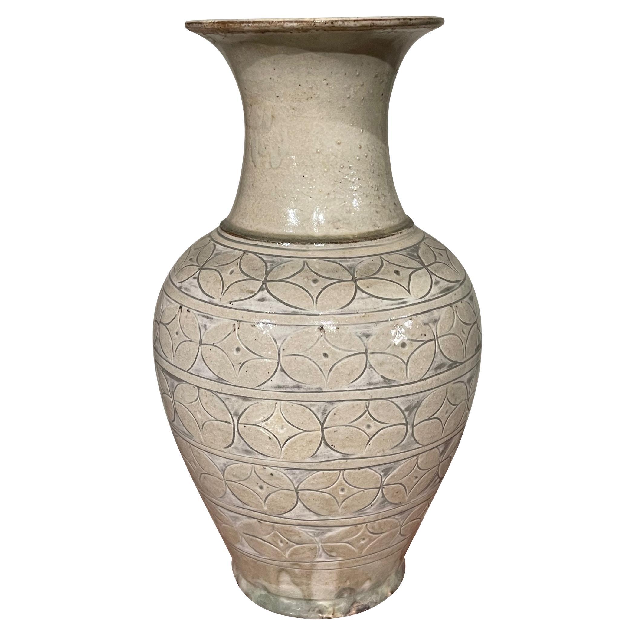 Cream Patterned Classic Shape Ceramic Vase, China, Contemporary For Sale