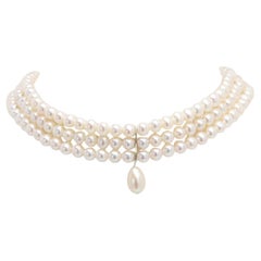 Cream Pearl 3 Row Choker Quality Pearls with Center Dangle pearl Adjustable